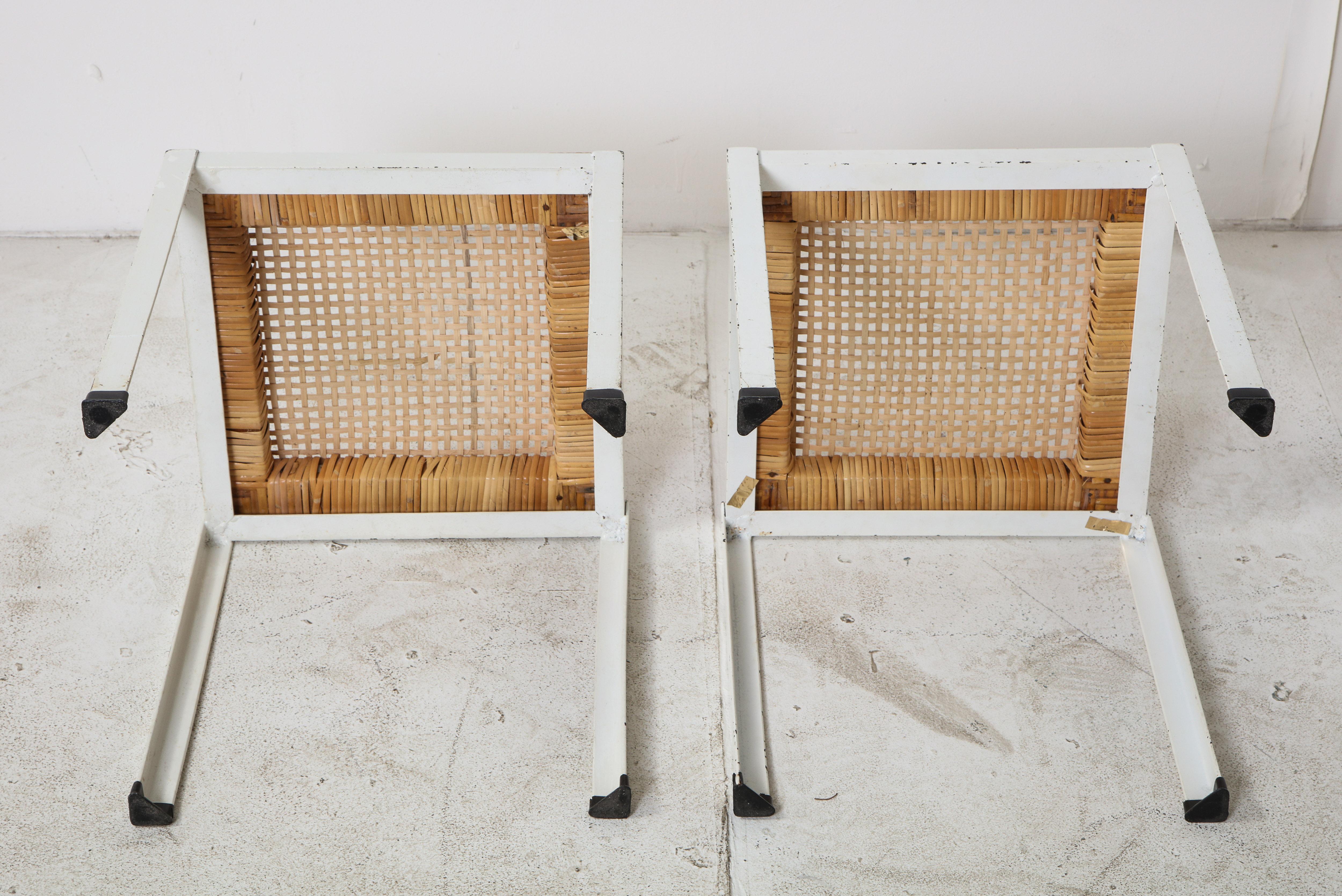Painted Pair of White Iron Stools with Rattan Tops by Danny Ho Fong