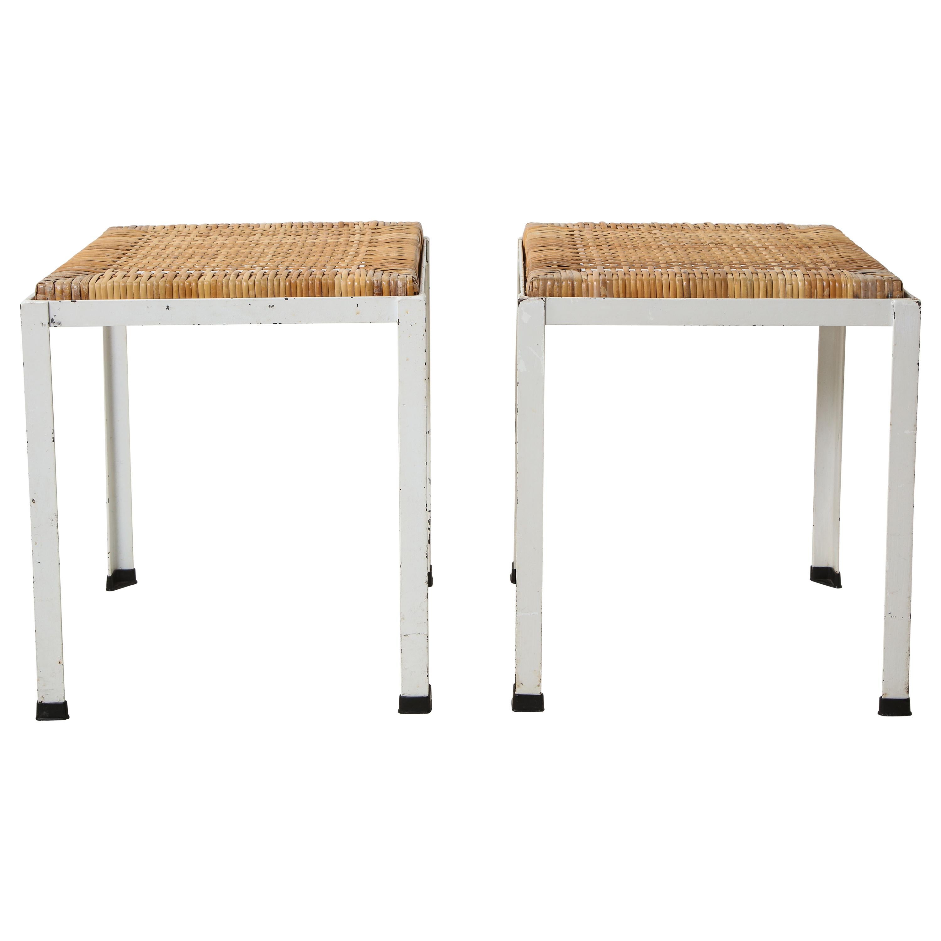 Pair of White Iron Stools with Rattan Tops by Danny Ho Fong