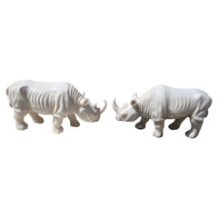 Pair of White Italian Marble Rhinoceros Sculptures, 1970s