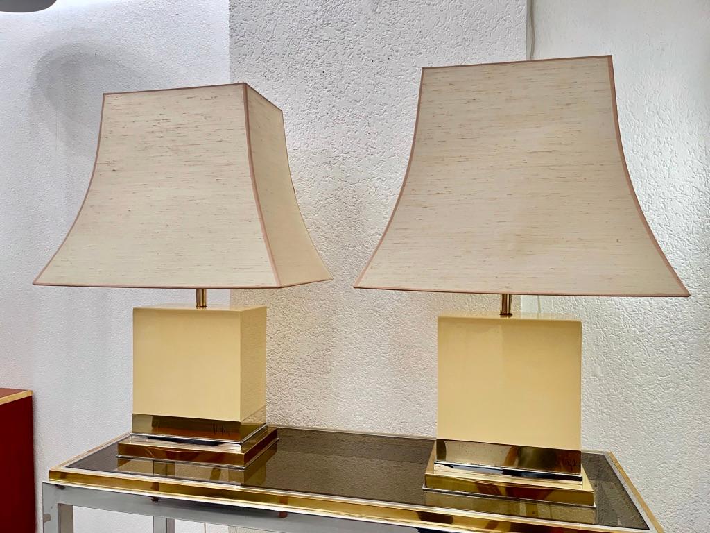French Pair of White Ivory Lacquered Wood & Brass Lamps by Jean Claude Mahey, ca. 1970s