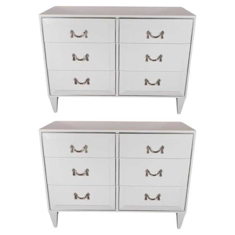 Pair of White Lacquer Art Deco Chests with Nickeled Pulls by Charak Modern
