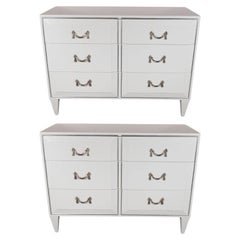 Pair of White Lacquer Art Deco Chests with Nickeled Pulls by Charak Modern
