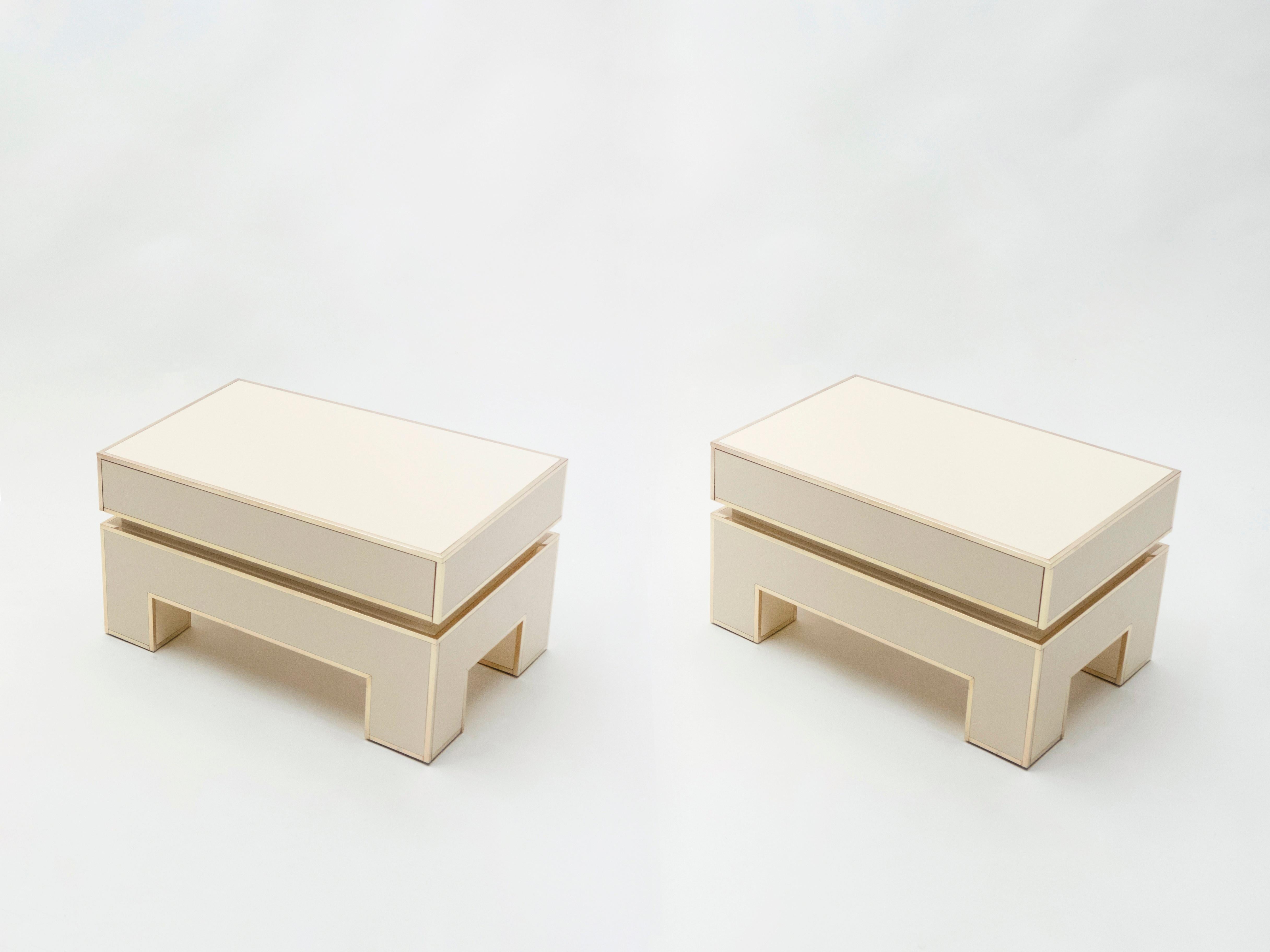 French Pair of White Lacquer Brass End Tables by Alain Delon for Maison Jansen, 1975