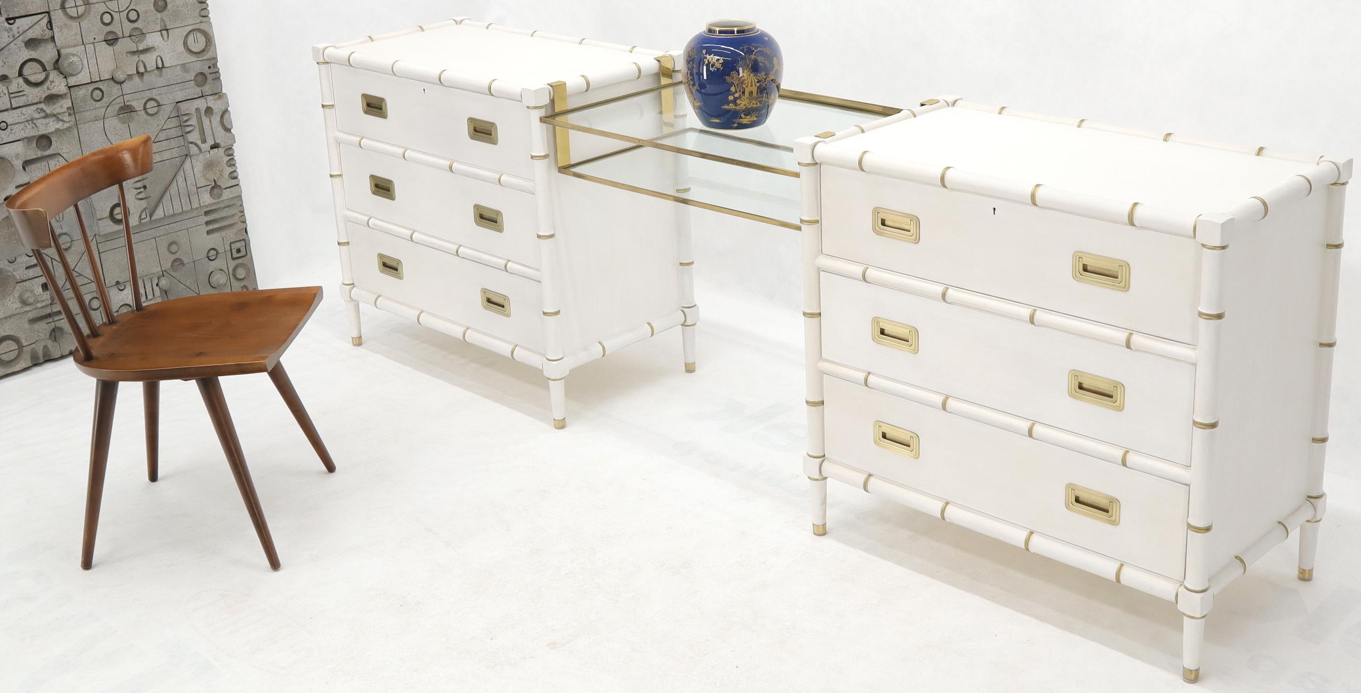 20th Century Pair of White Lacquer Brass Hardware Bachelor Chest with Suspended Brass Vanity For Sale
