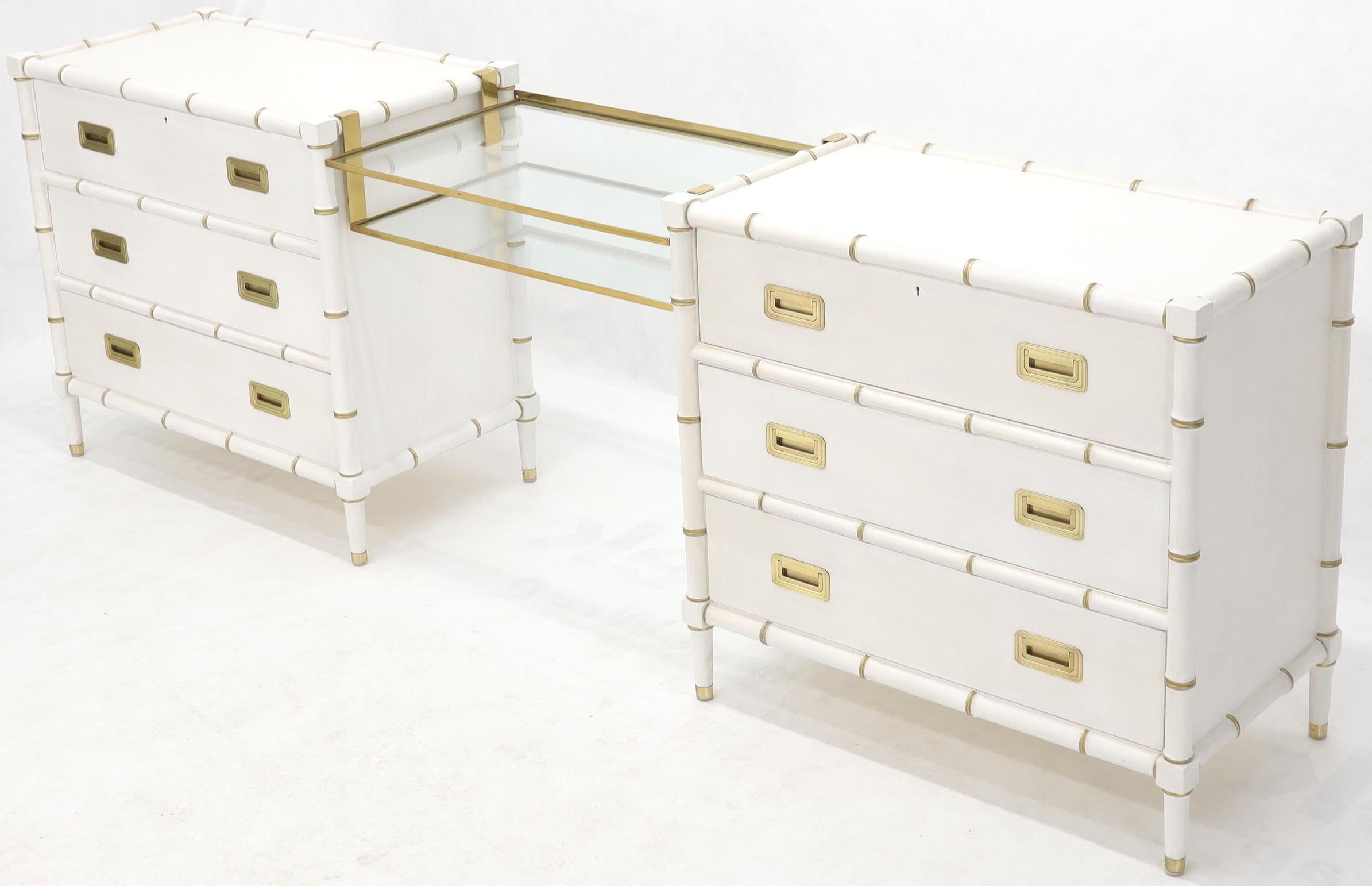 Pair of White Lacquer Brass Hardware Bachelor Chest with Suspended Brass Vanity For Sale 5