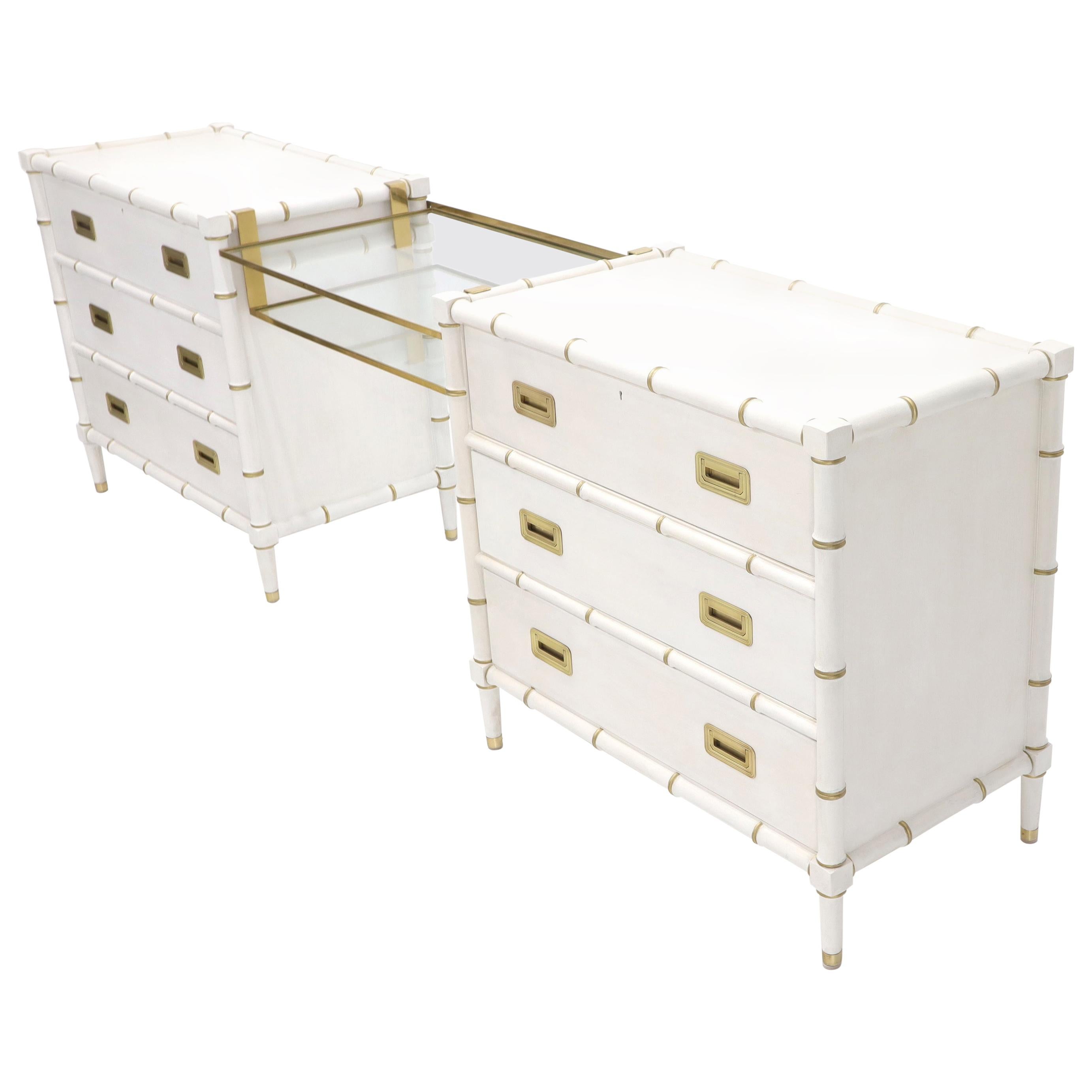 Pair of White Lacquer Brass Hardware Bachelor Chest with Suspended Brass Vanity For Sale