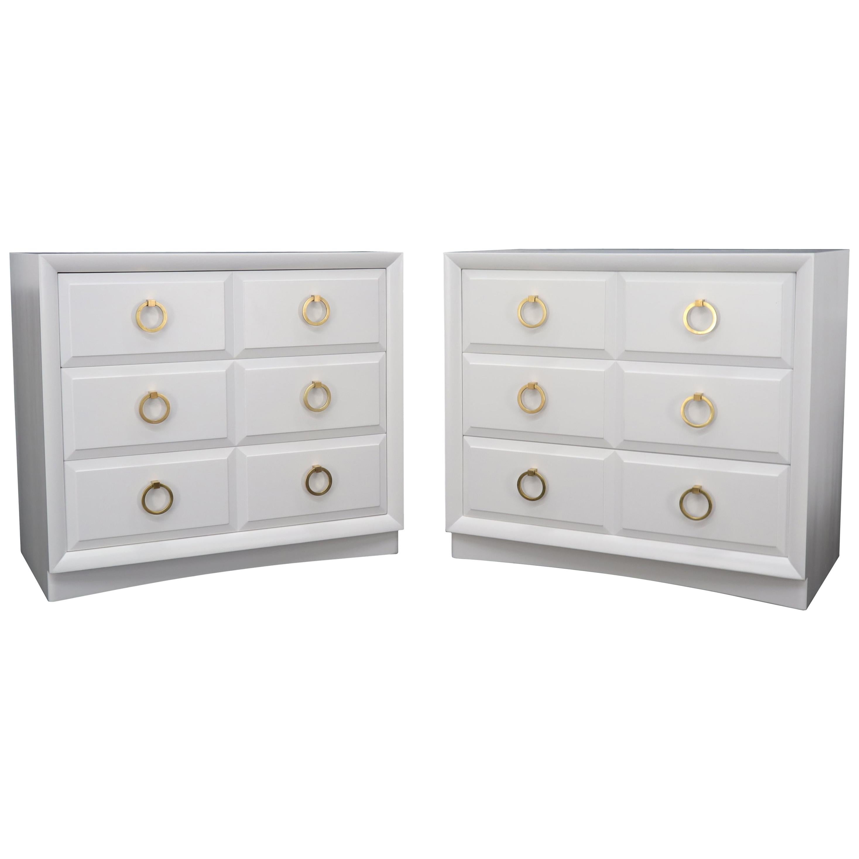 Pair of White Lacquer Gibbings for Widdicomb Dressers Bachelor Chests Brass Pull For Sale