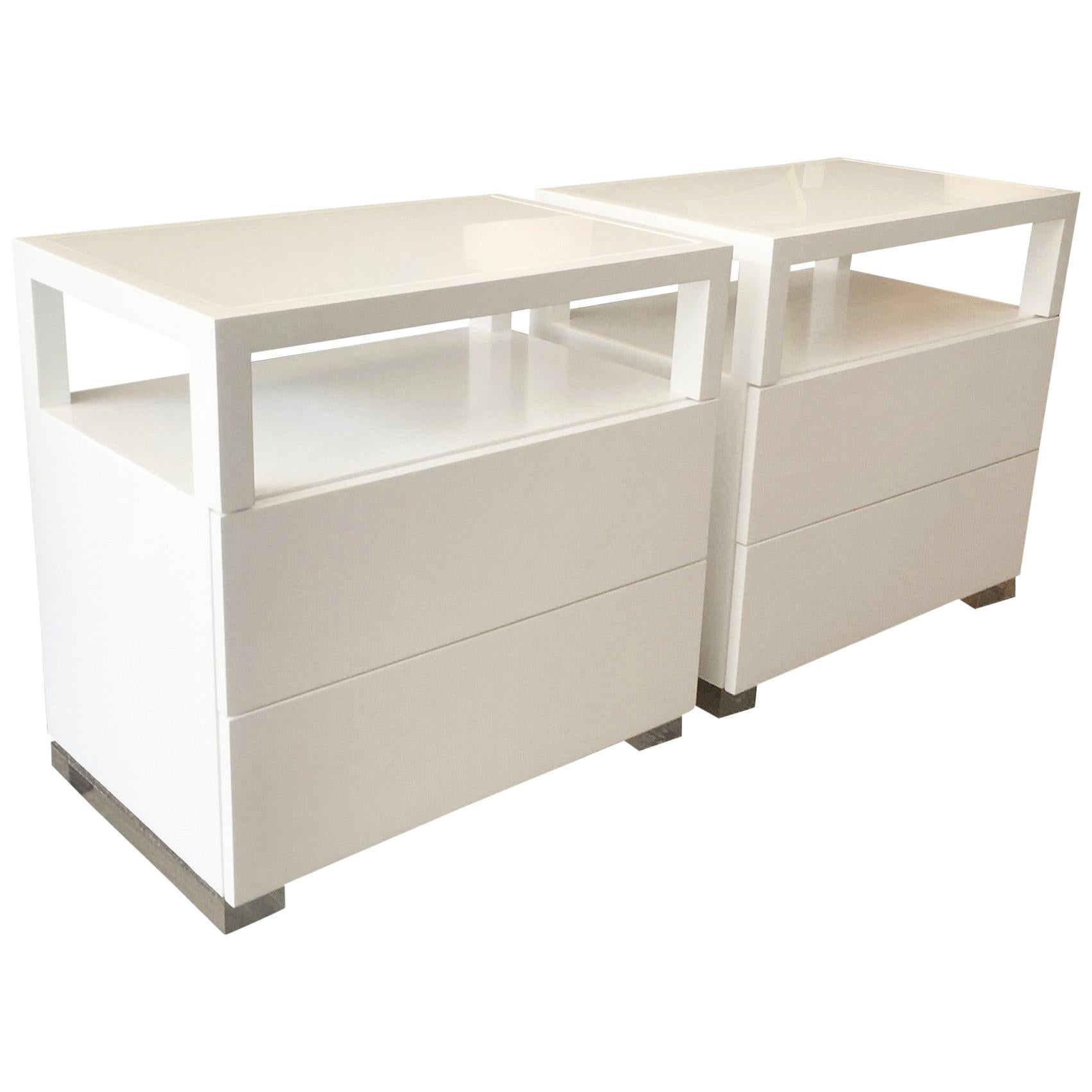 Pair of White Lacquer, Lucite and Glass Nightstands by Cain Modern