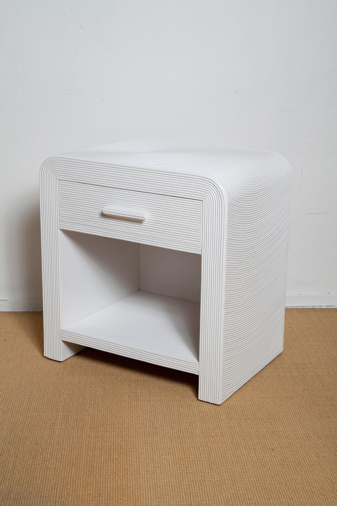 American Pair of White Lacquered 1970s Split Bamboo Nightstands