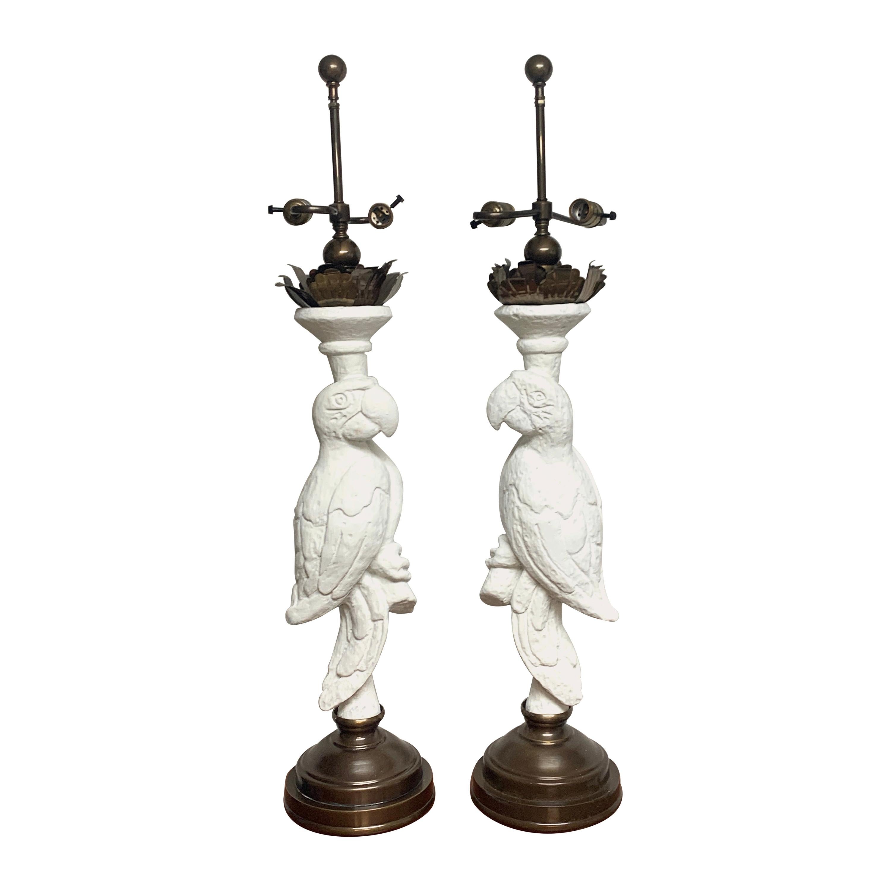 Pair of White Lacquered and Brass Parrot Lamps, Style of Serge Roche