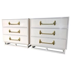 Vintage Pair of White Lacquered & Brass Decorative Pulls Grosfeld House Chest of Drawers