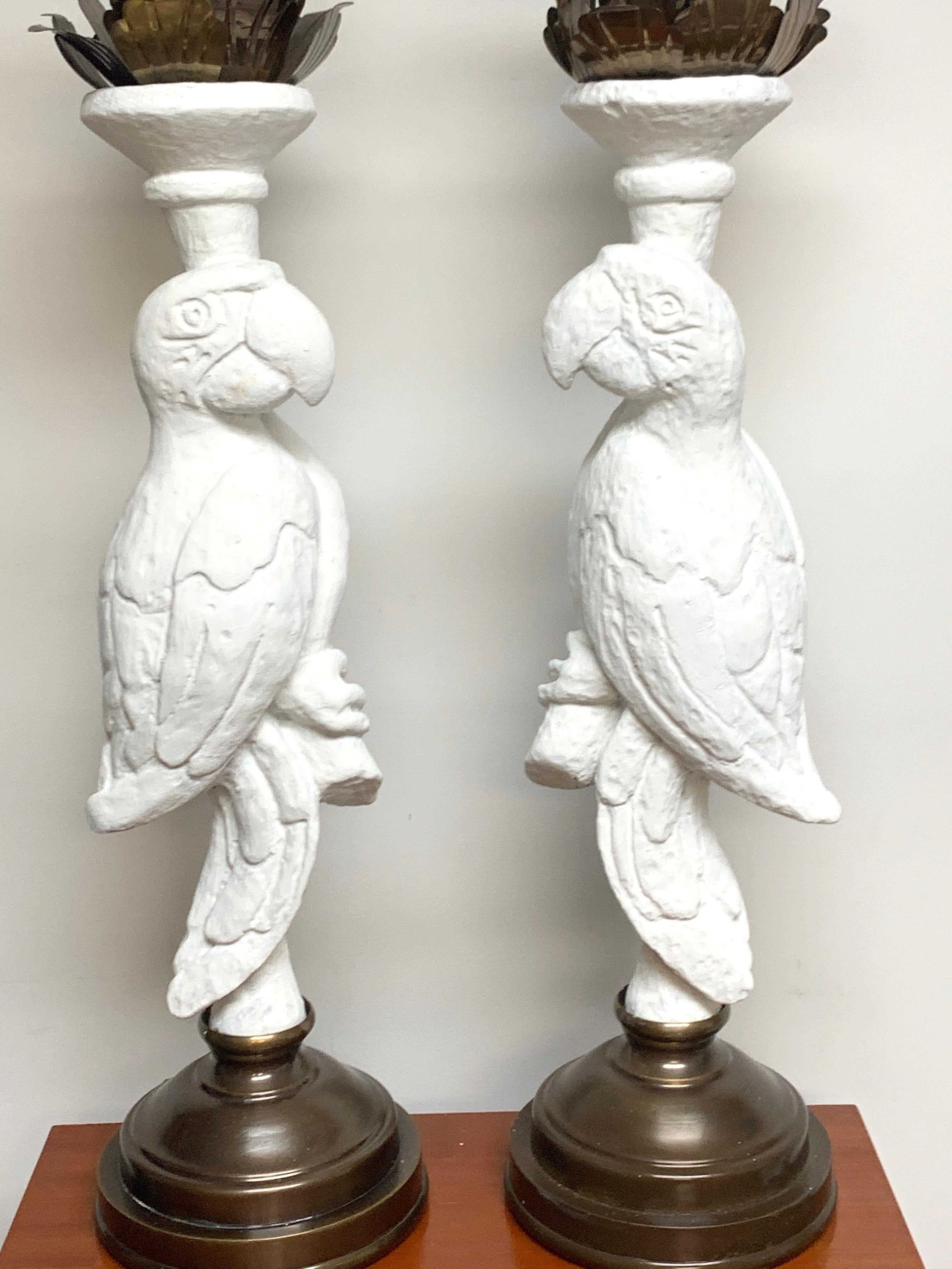 Mid-Century Modern Pair of White Lacquered and Brass Parrot Lamps, Style of Serge Roche