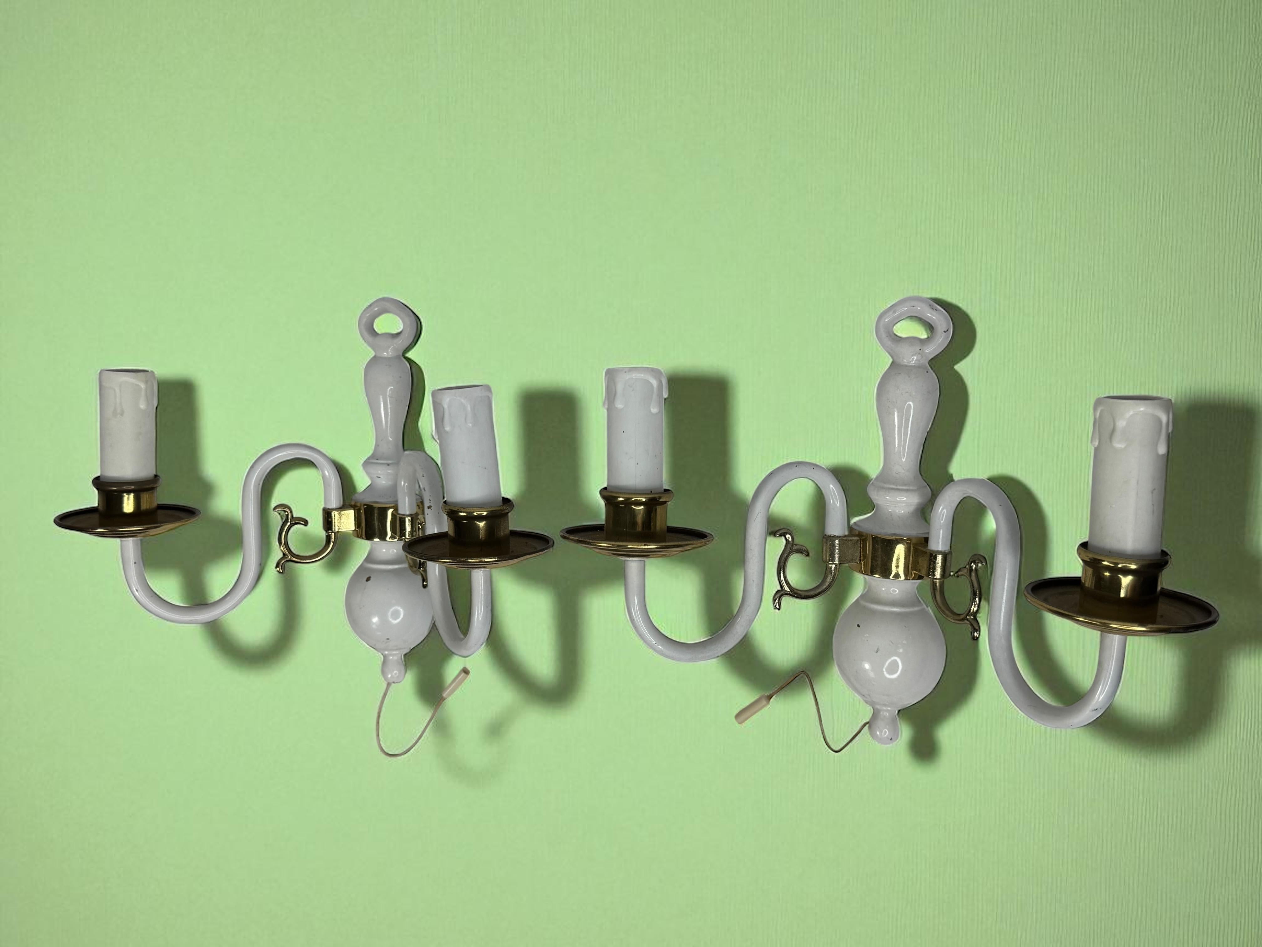 Pair of white lacquered Brass Two-Light Wall Sconces, Vintage, German, 1960s en venta 3