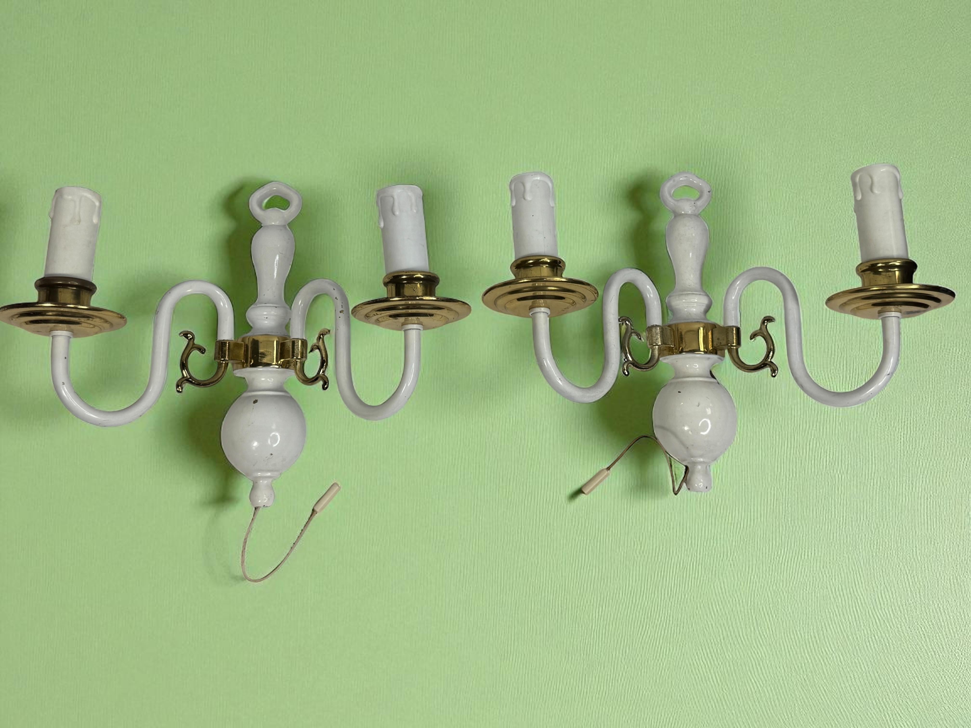 Pair of white lacquered Brass Two-Light Wall Sconces, Vintage, German, 1960s Metal en venta