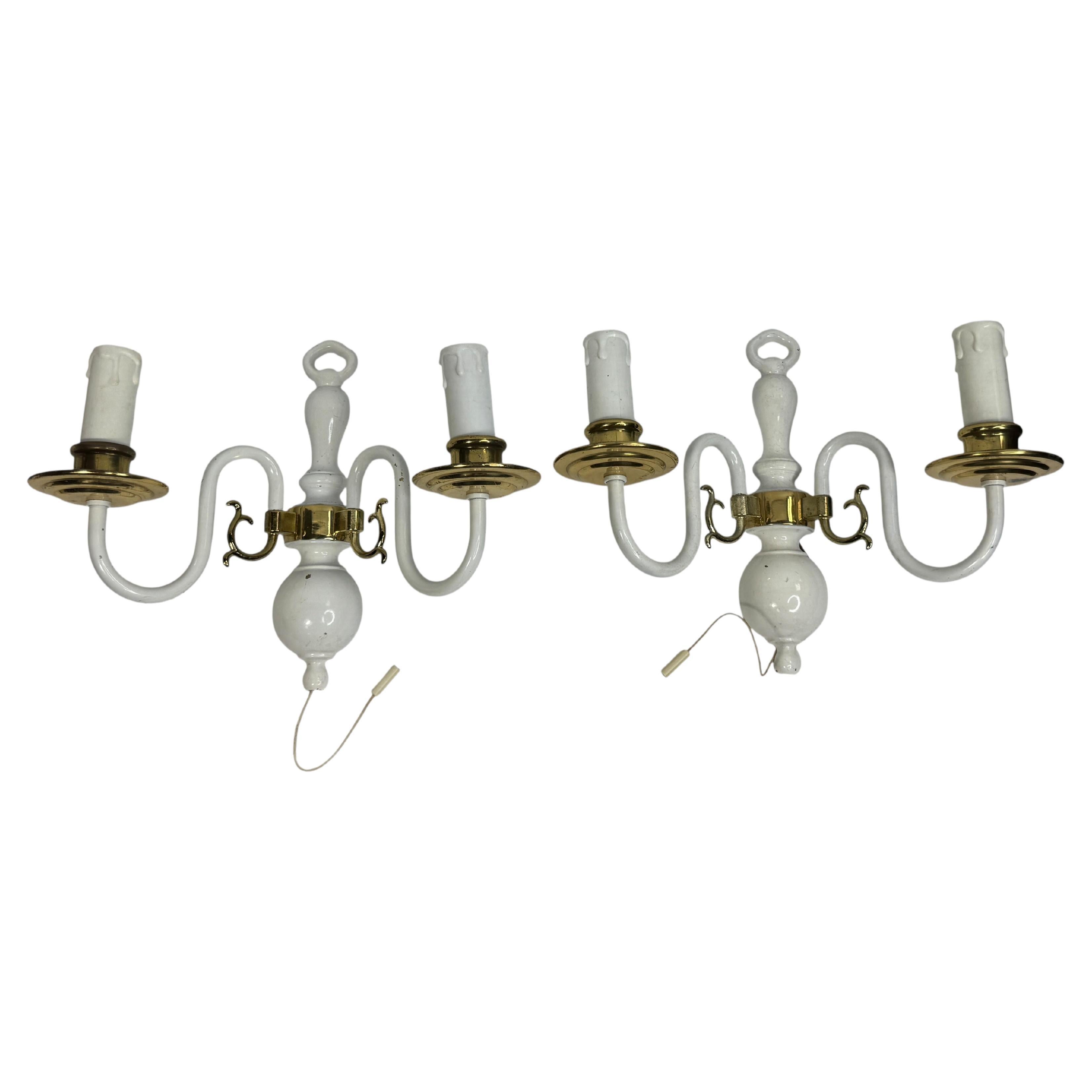 Pair of white lacquered Brass Two-Light Wall Sconces, Vintage, German, 1960s