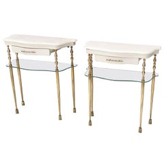 Vintage Pair of White Lacquered Nightstands with Marble Tops and Glass Shelves, Italy