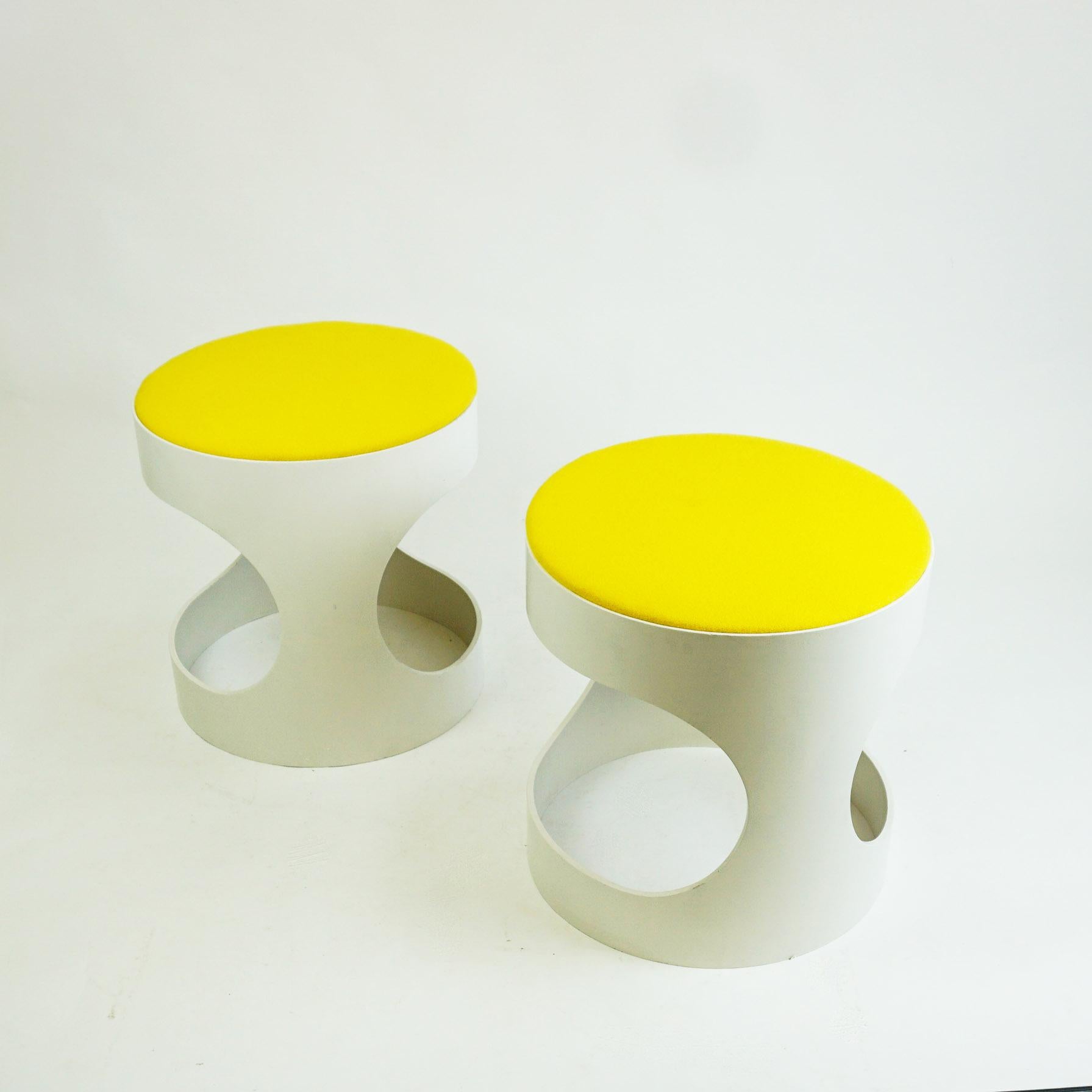 Fabric Pair of White Lacquered Plywood Stools by Opal Germany, 1960s