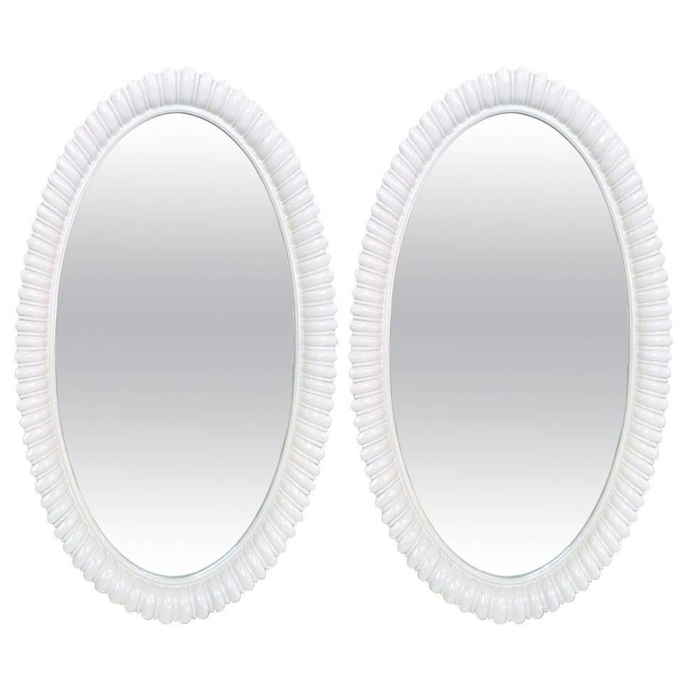 Pair of White Lacquered Shell Mirrors