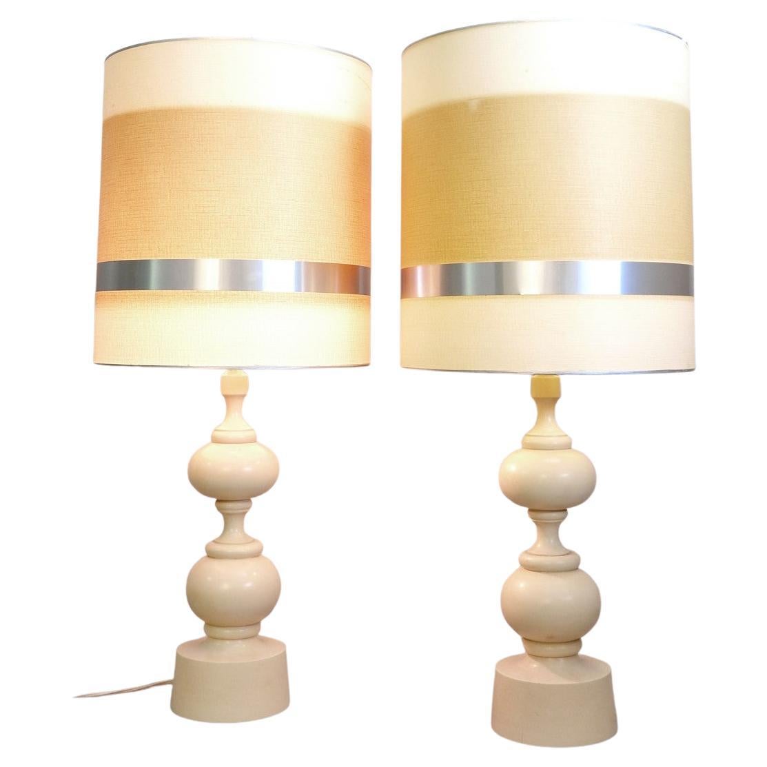 Pair of White Lacquered Turned Wood Lamps