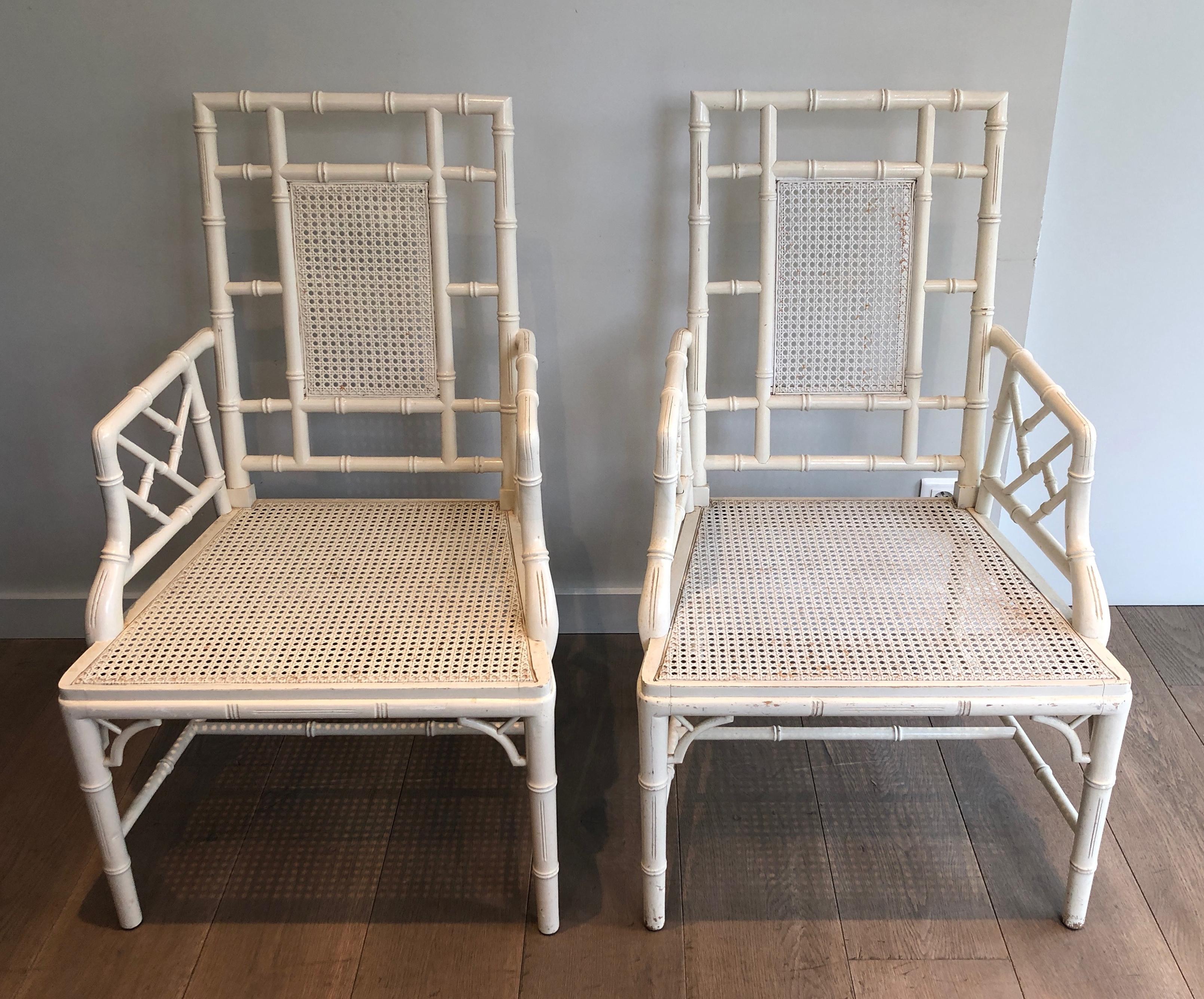 Pair of white lacquered wood faux-bamboo armchairs in the style of Maison Jansen For Sale 4