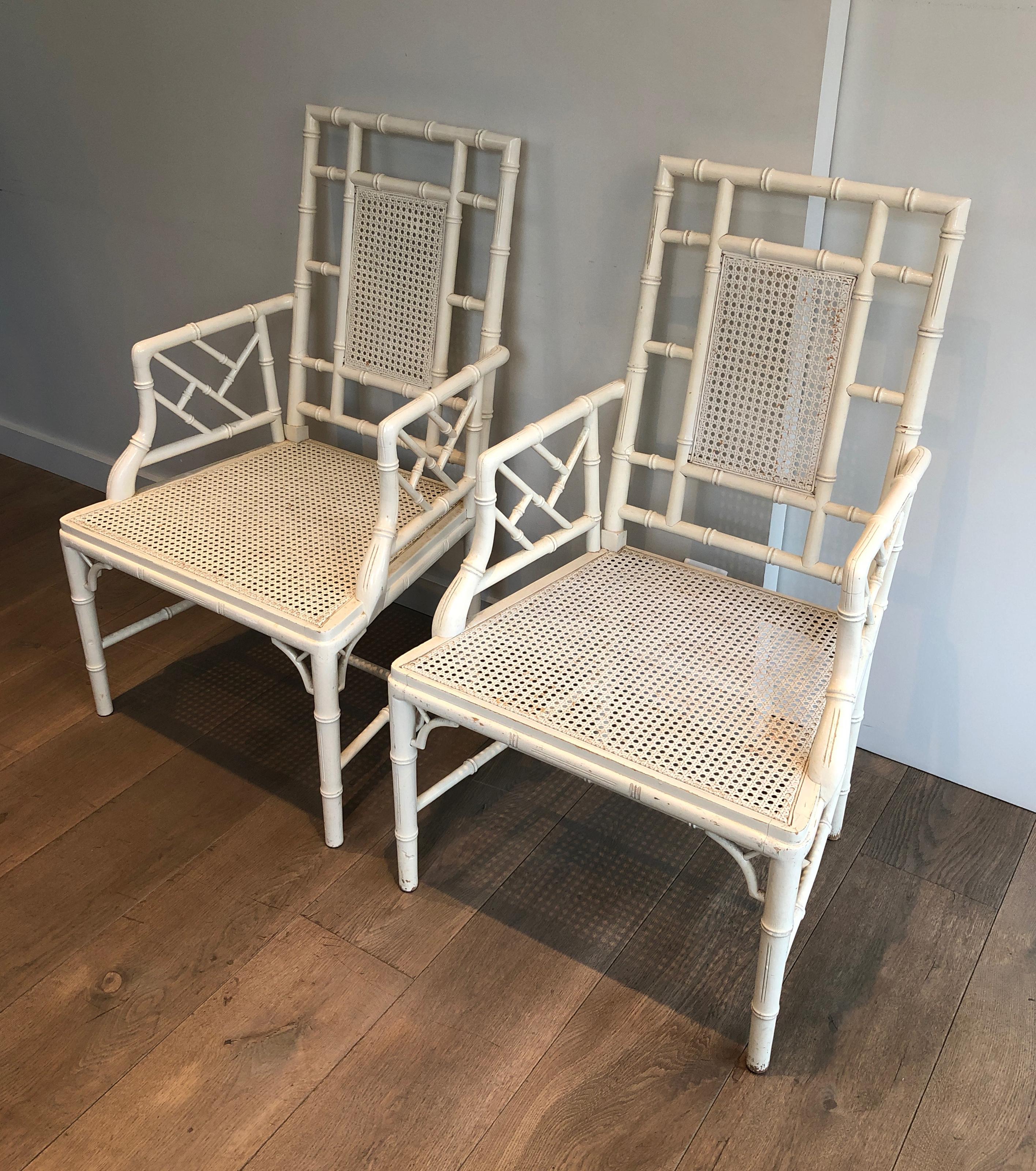 Pair of white lacquered wood faux-bamboo armchairs in the style of Maison Jansen For Sale 5