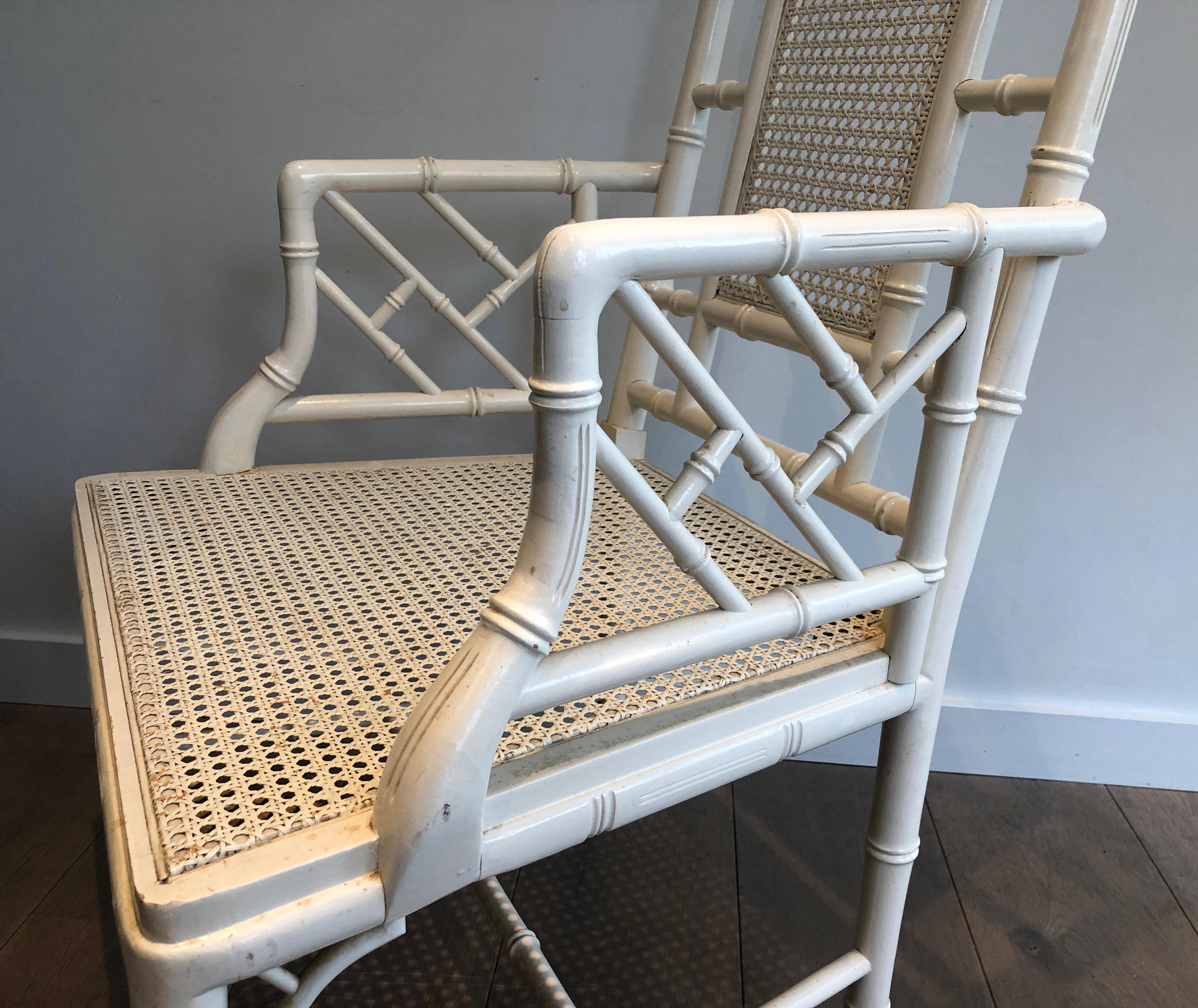 Pair of white lacquered wood faux-bamboo armchairs in the style of Maison Jansen For Sale 7
