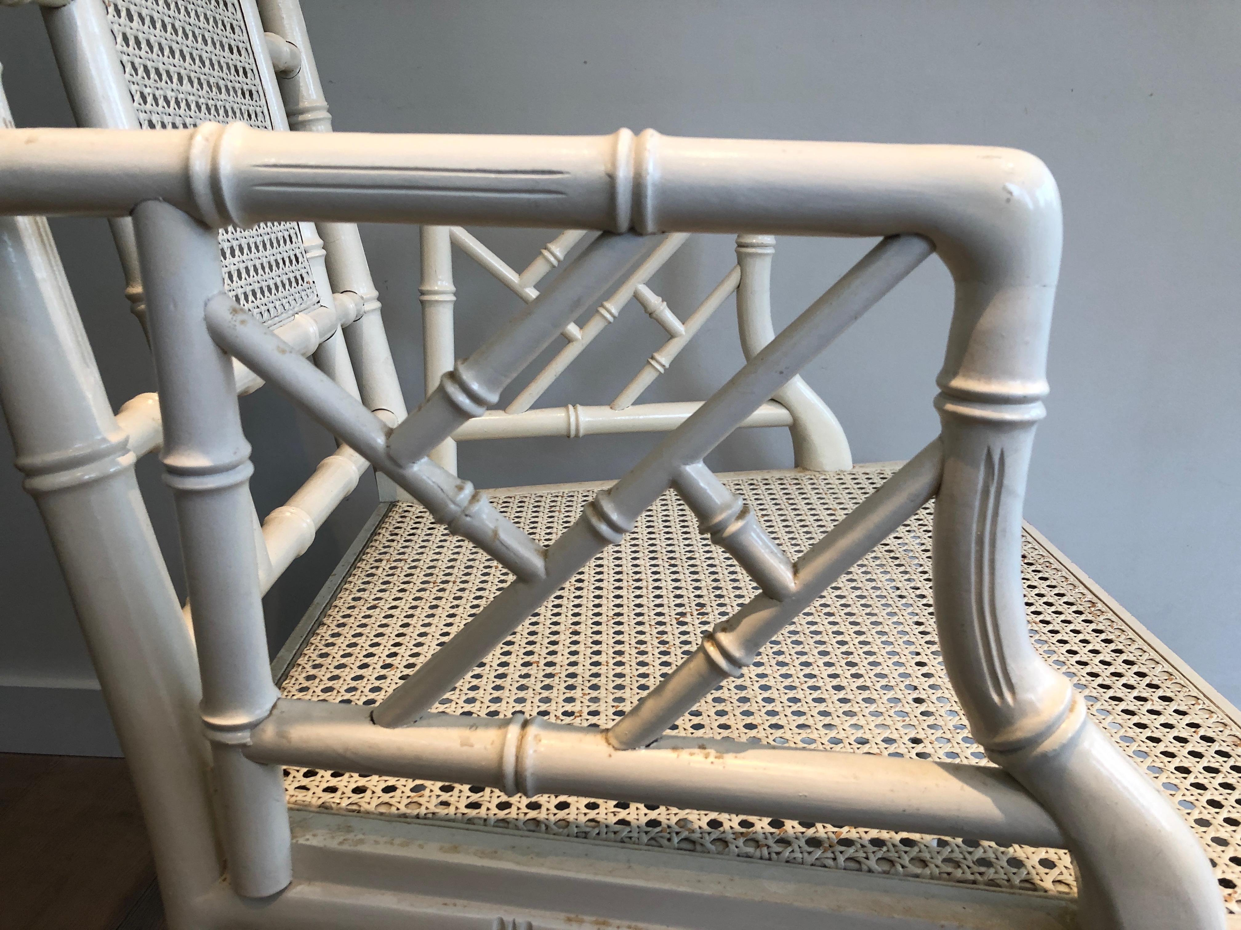 Pair of white lacquered wood faux-bamboo armchairs in the style of Maison Jansen For Sale 9