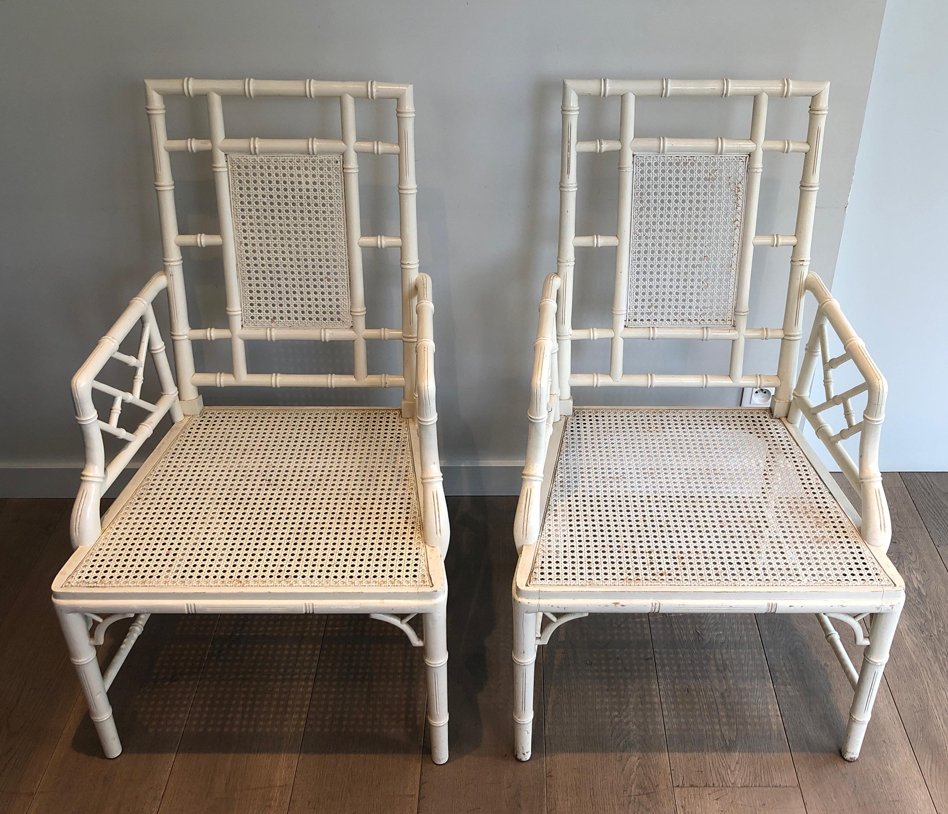 Pair of white lacquered wood faux-bamboo armchairs in the style of Maison Jansen For Sale 12
