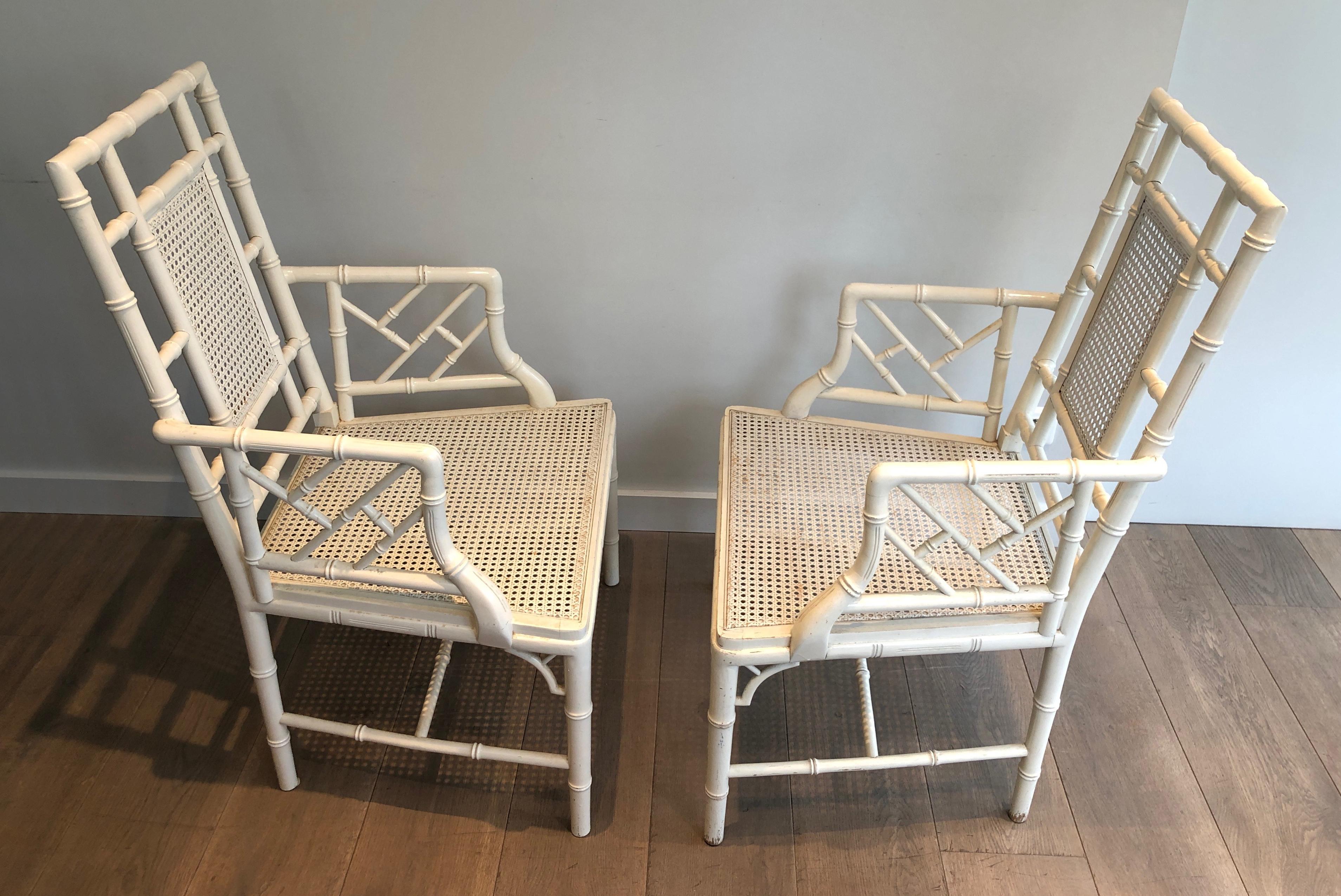 Chinese Chippendale Pair of white lacquered wood faux-bamboo armchairs in the style of Maison Jansen For Sale