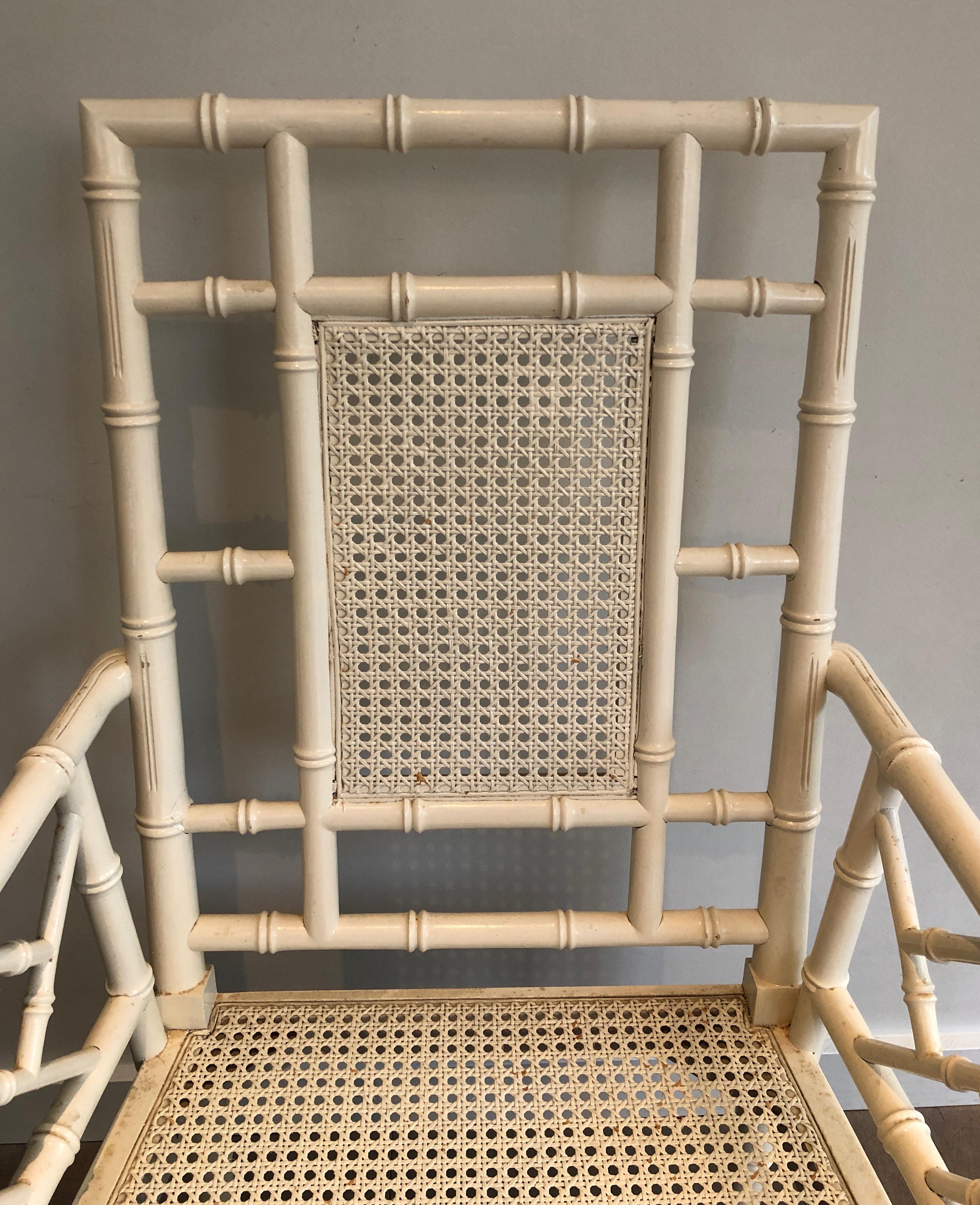 Wood Pair of white lacquered wood faux-bamboo armchairs in the style of Maison Jansen For Sale