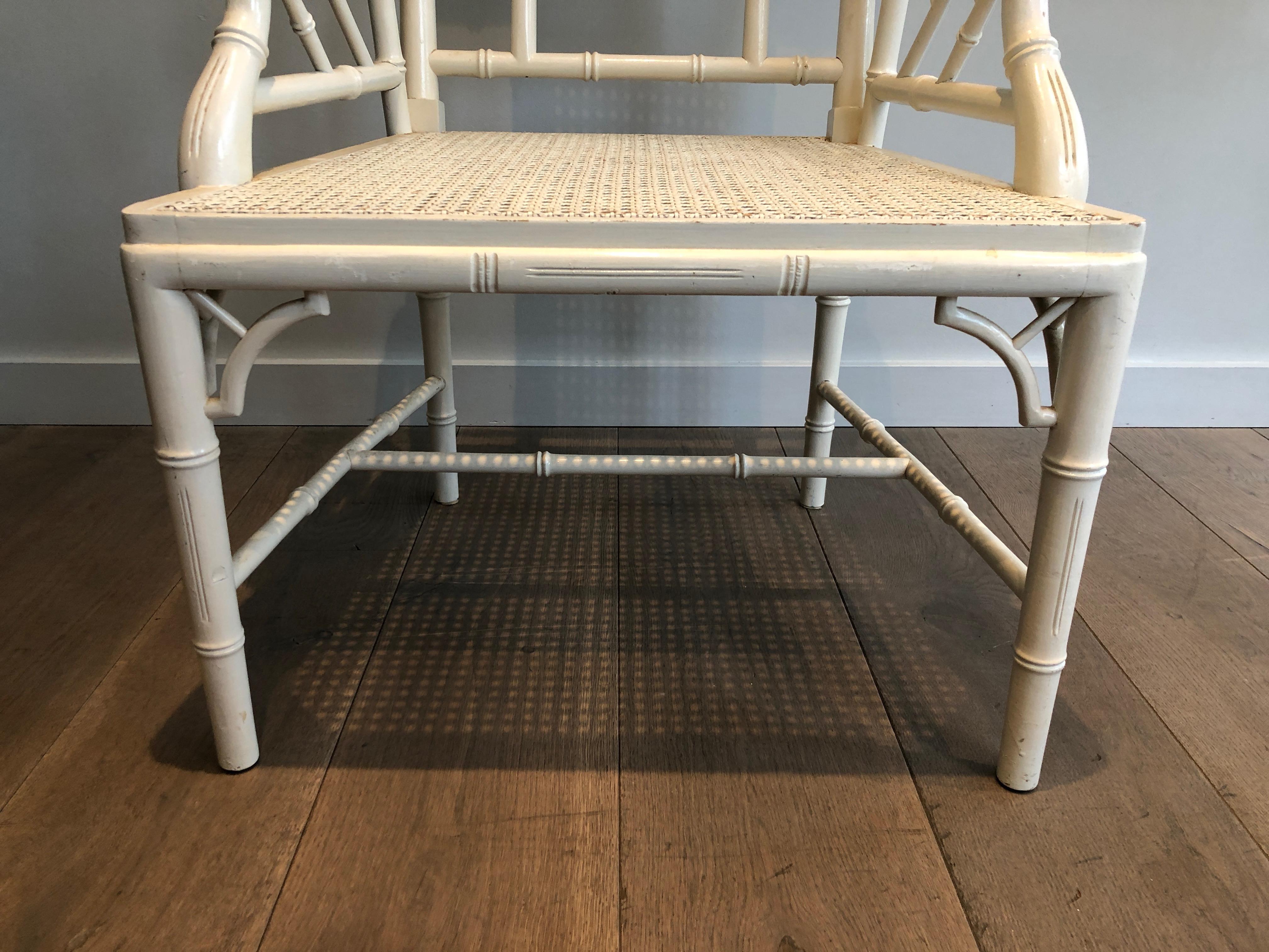 Pair of white lacquered wood faux-bamboo armchairs in the style of Maison Jansen For Sale 1