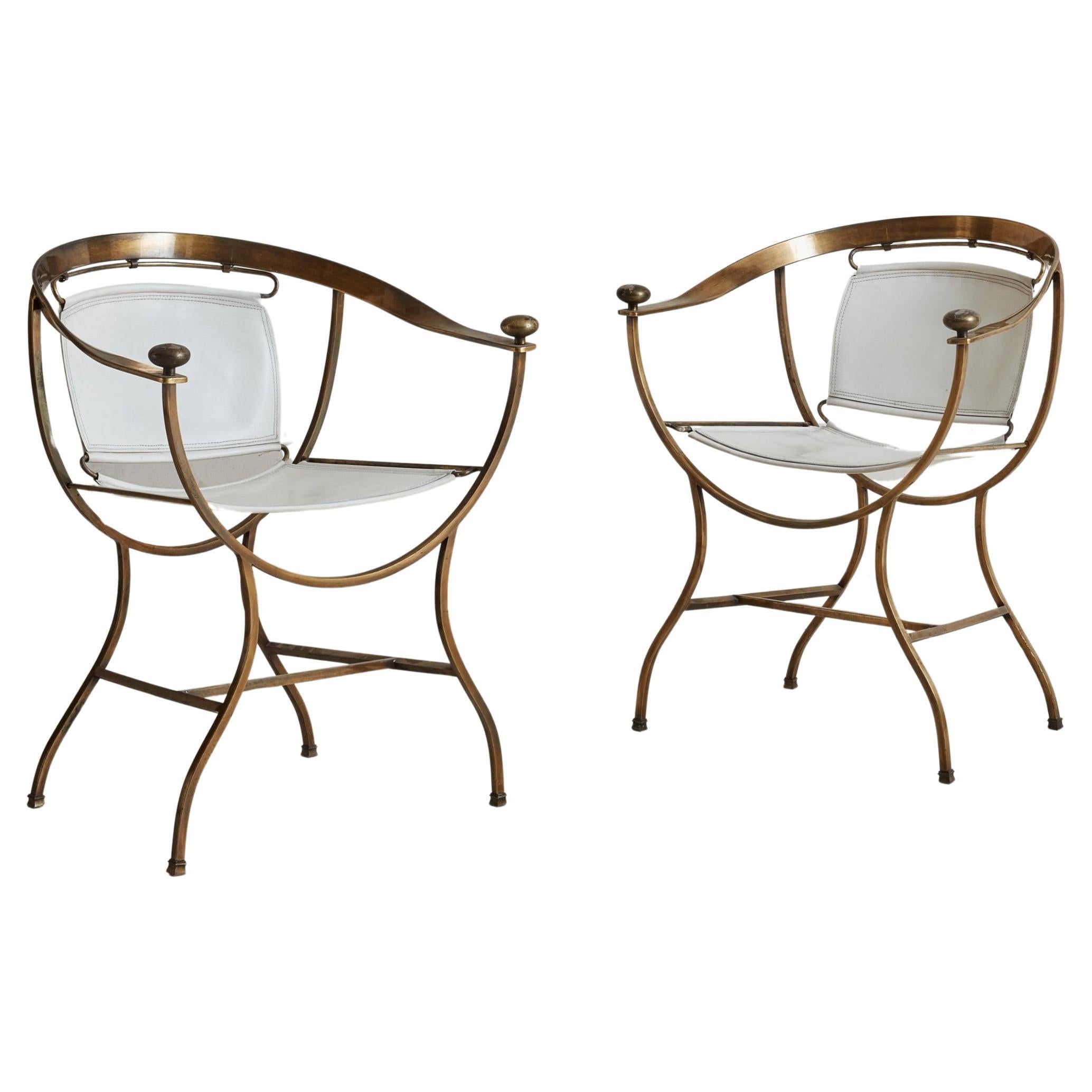 Pair of White Leather + Brass Pompeii Armchairs by Alberto Orlandi, Italy 1980s