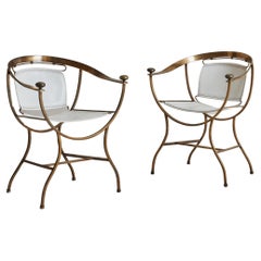 Vintage Pair of White Leather + Brass Pompeii Armchairs by Alberto Orlandi, Italy 1980s