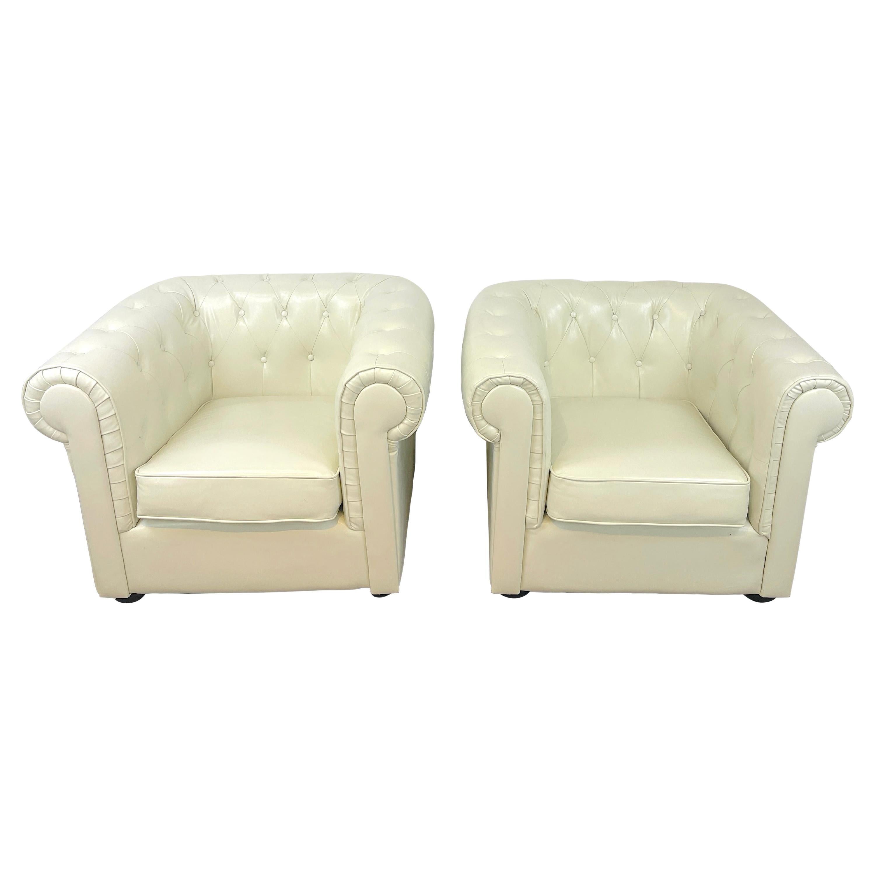 Pair of White Leather Chesterfield Club Chairs For Sale