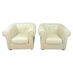 Pair of White Leather Chesterfield Club Chairs