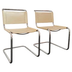 Pair Of White Leather Chrome Cantilever Side Chairs By Mart Stam