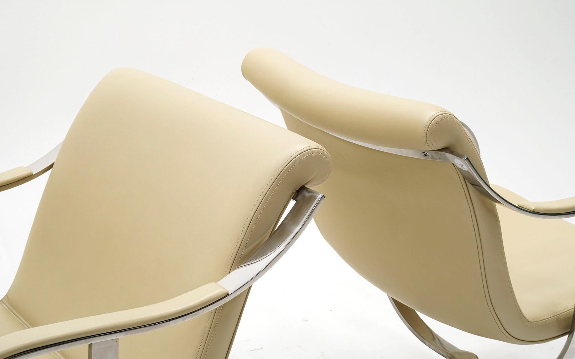 American Pair White Leather & Stainless Steel Swivel Chairs by Gardner Leaver 