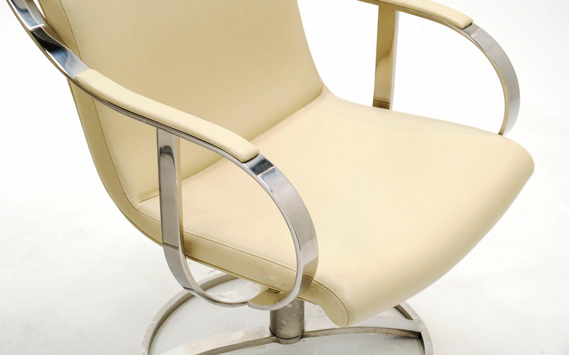 Pair White Leather & Stainless Steel Swivel Chairs by Gardner Leaver  In Good Condition In Kansas City, MO