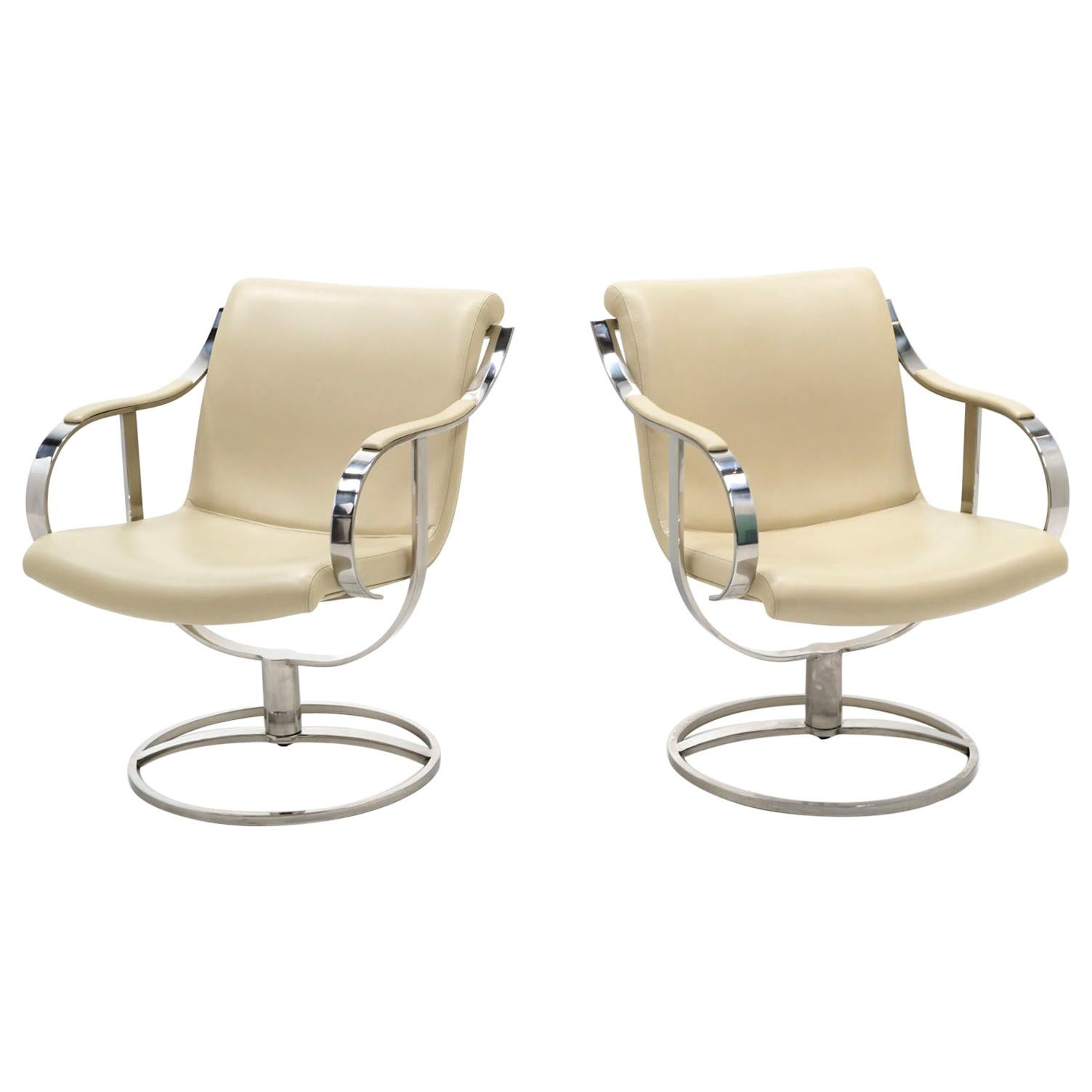 Pair White Leather & Stainless Steel Swivel Chairs by Gardner Leaver 