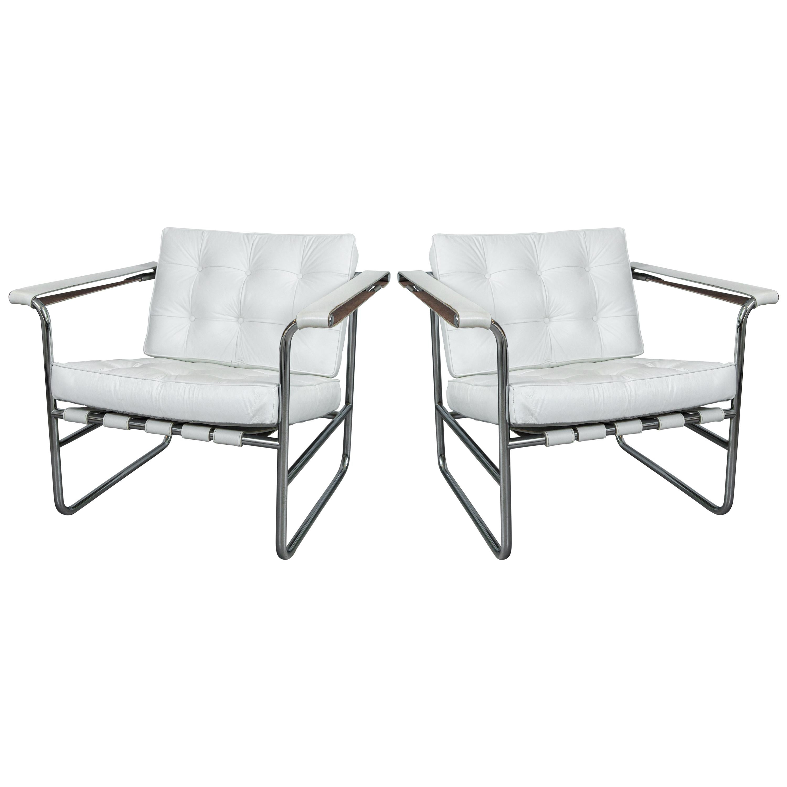Pair of White Leather Stendig Chrome Tubular Steel Chairs