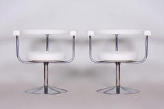 Pair of White Leather Swivel Chairs Made in Czechia, 1940s, Fully Restored