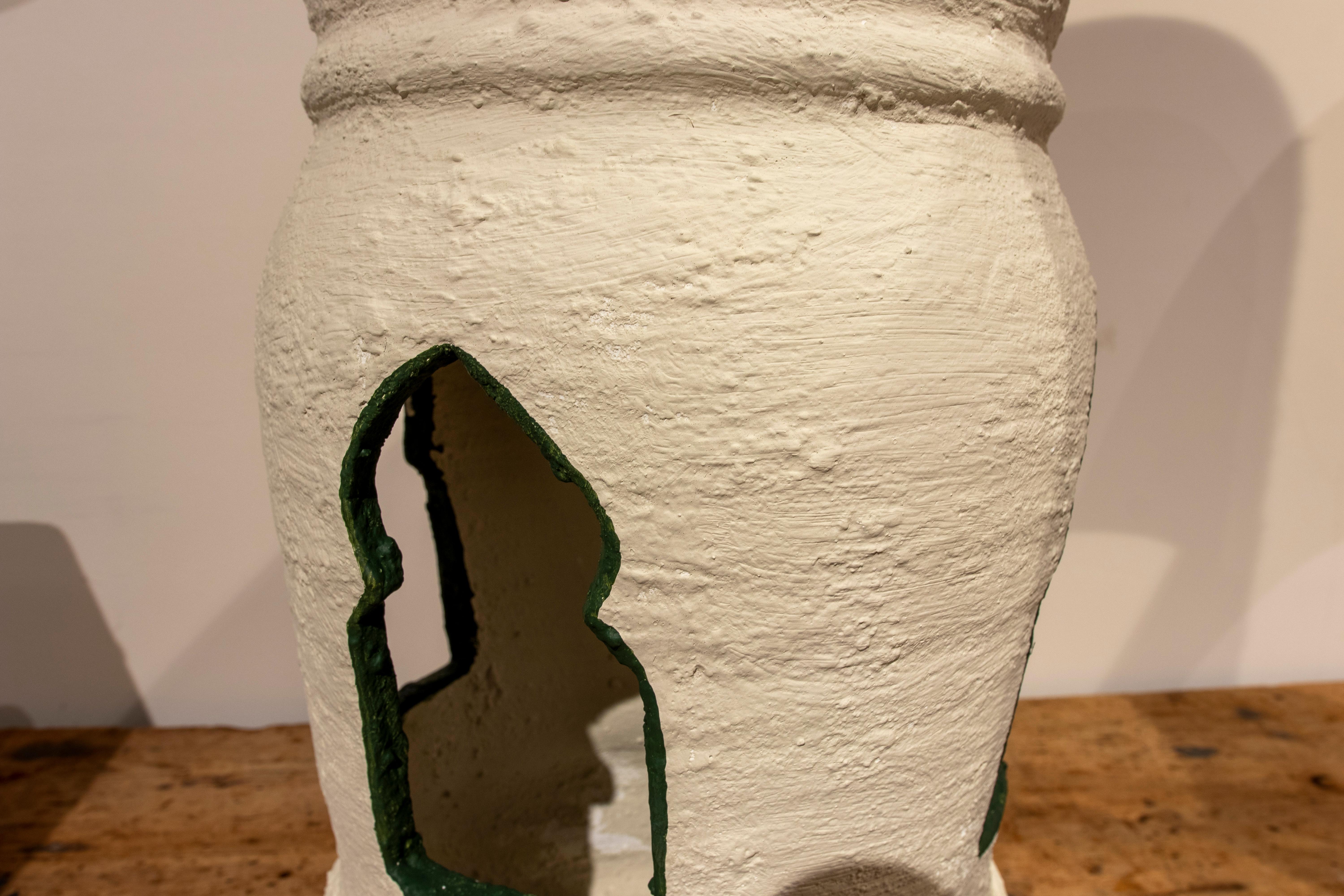 Pair of White Lime Painted Ceramic Lamps with Green Relief 1