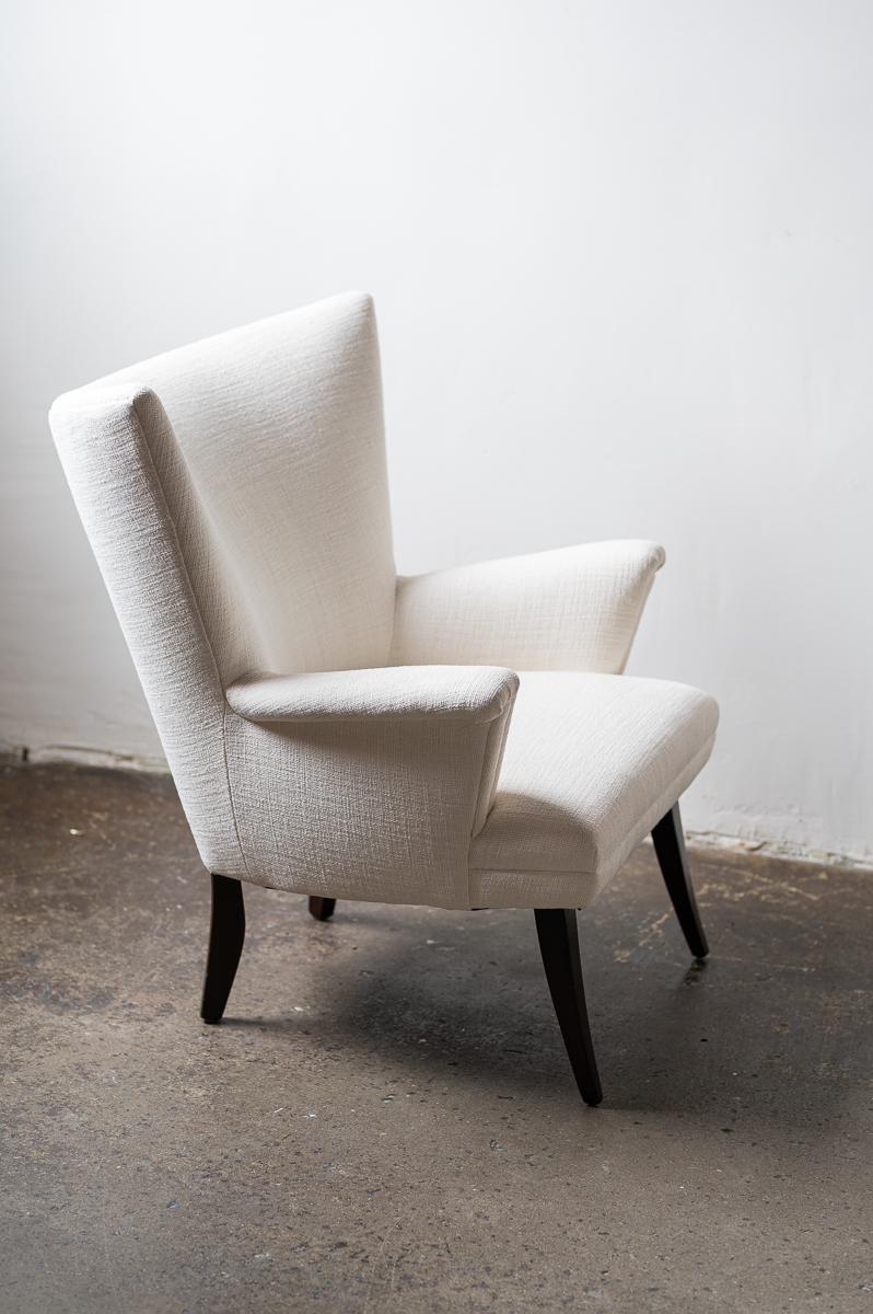 Mid-Century Modern Pair of White Linen Wingback Chairs