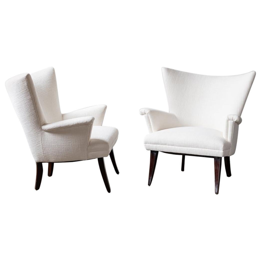 Pair of White Linen Wingback Chairs
