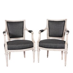 Pair of White Louis XVI Style Fauteuil Armchairs