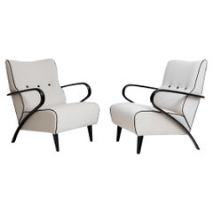 Vintage Pair of white Lounge Chairs with black Armrests, Italy 1950s