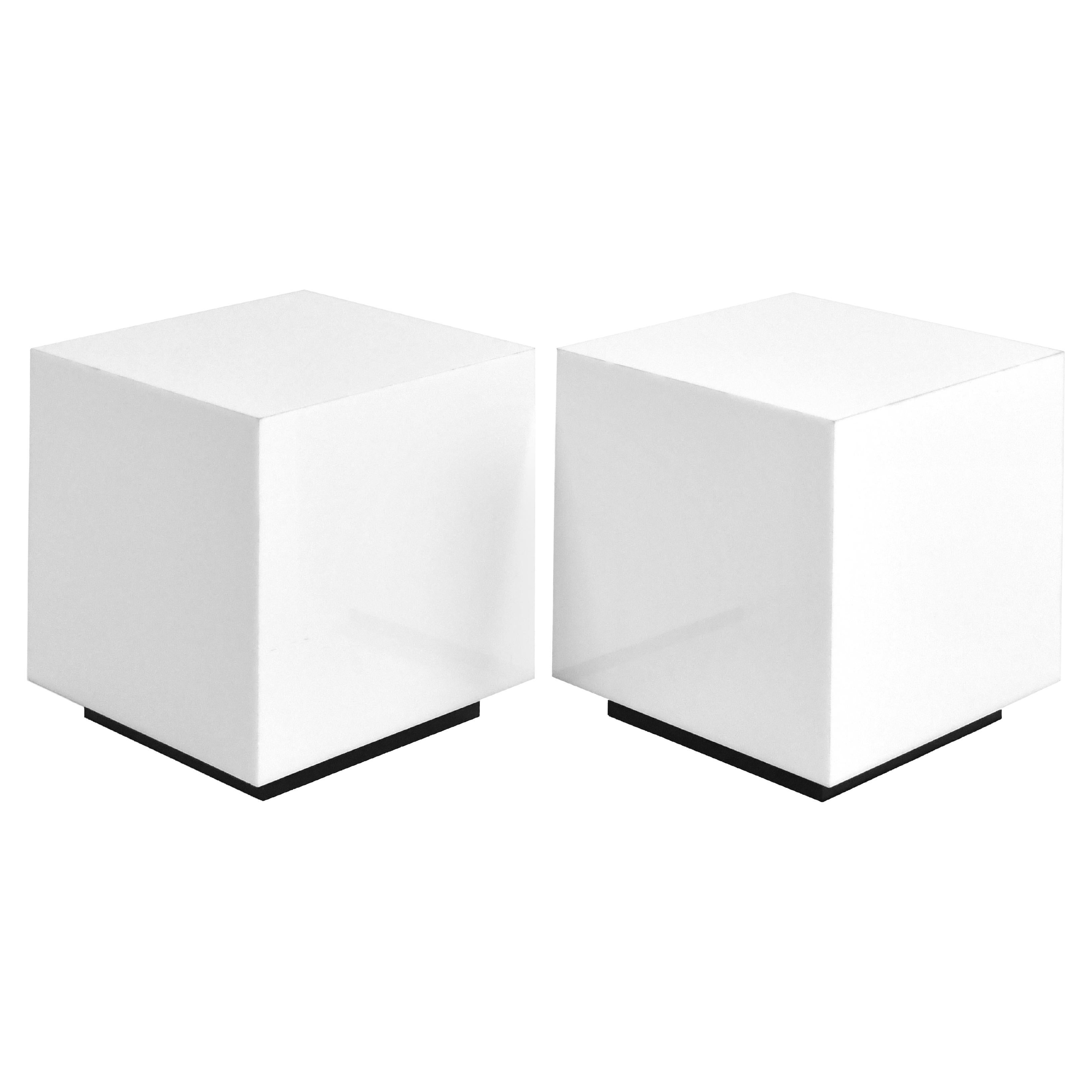 Pair of White Lucite Cube Tables/ Pedestals