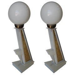 Pair of White Lucite Table Lamps with Light Up Fiberglass Side by Moss