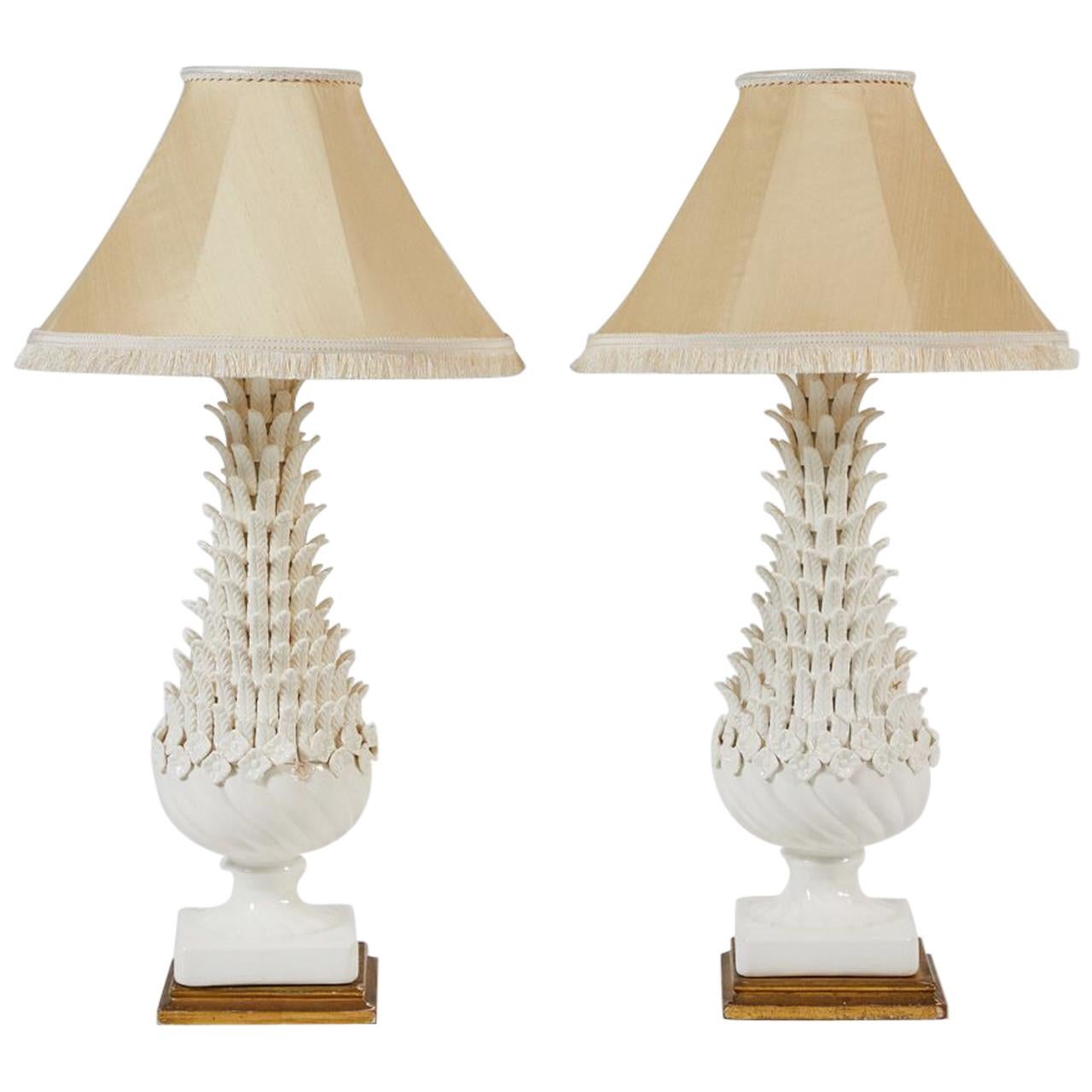 Pair of White Manises Glazed Pottery Table Lamps