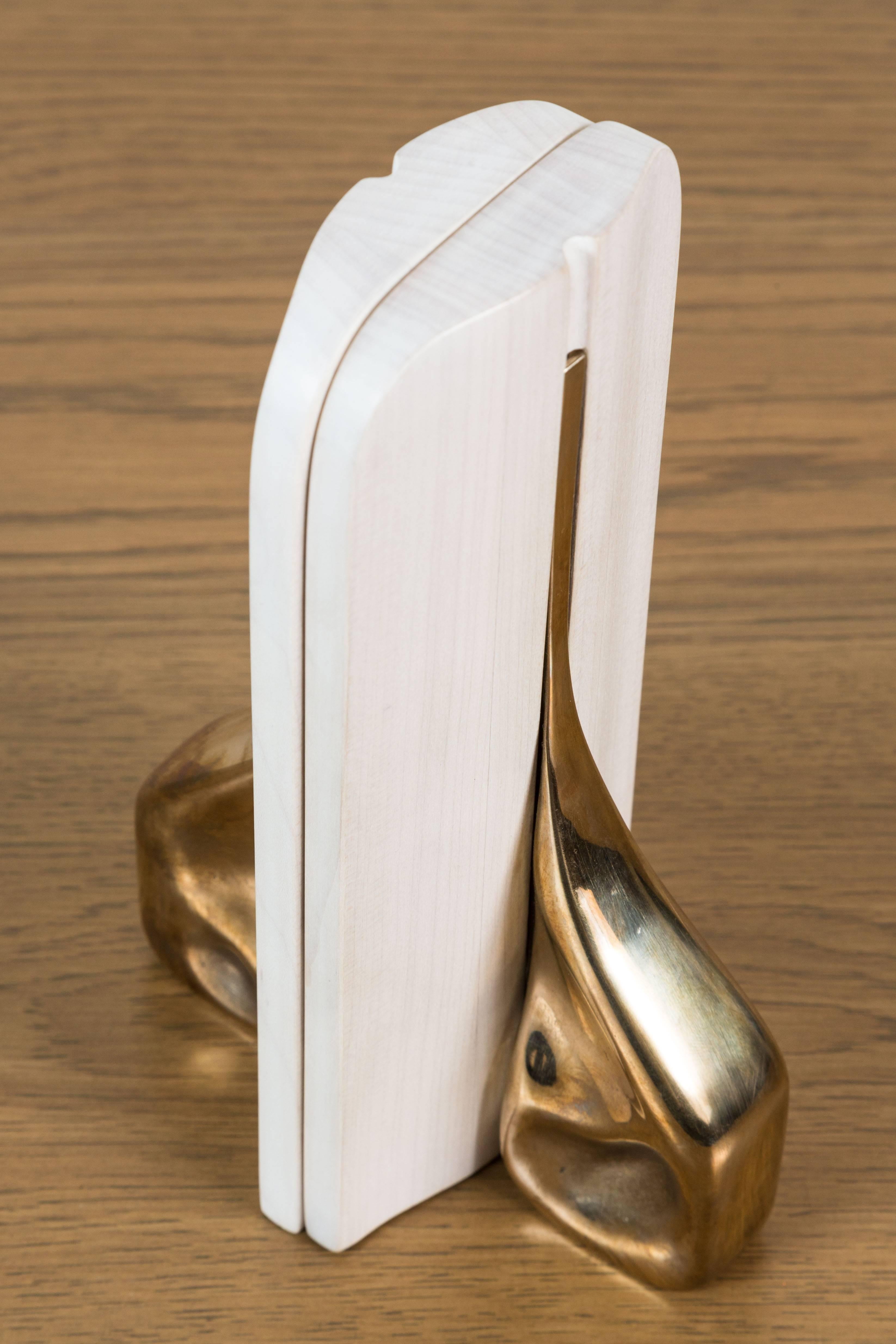 Bleached Pair of White Maple and Cast Bronze Bookends by Vincent Pocsik, In Stock